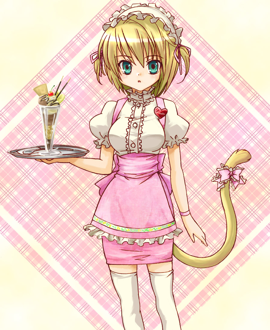 mali, mikoto (ff9), mikoto (ffix), final fantasy, final fantasy ix, bad id, bad pixiv id, 00s, 1girl, :o, apron, blonde hair, blush, cup, food, green eyes, hair ribbon, heart, maid, maid apron, maid headdress, miniskirt, plate, ribbon, short hair, skirt, tail, tail ornament, tail ribbon, thighhighs, tray, waitress, white thighhighs, zettai ryouiki