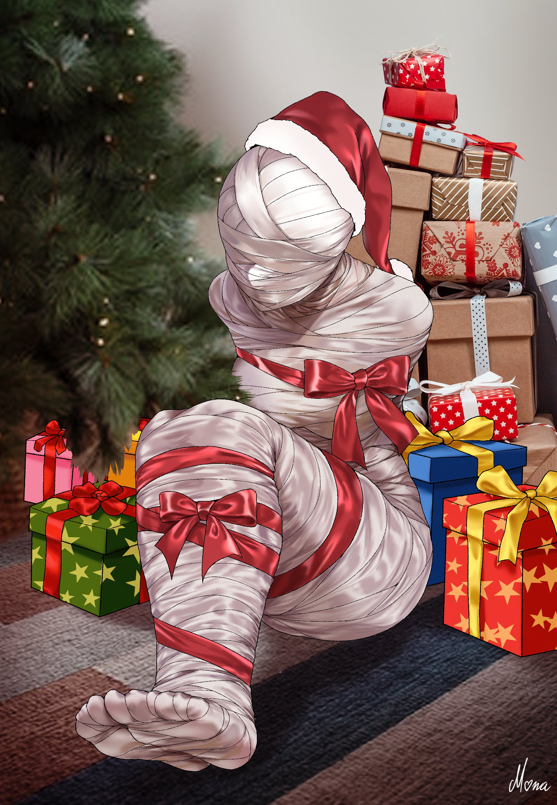 drawfagmona, original, absurdres, highres, 1girl, bandages, bdsm, bondage, bound, christmas, christmas present, christmas tree, full body, gift, hat, mummification (bound), mummy, ribbon, santa hat, signature, sitting, solo, wrapped up