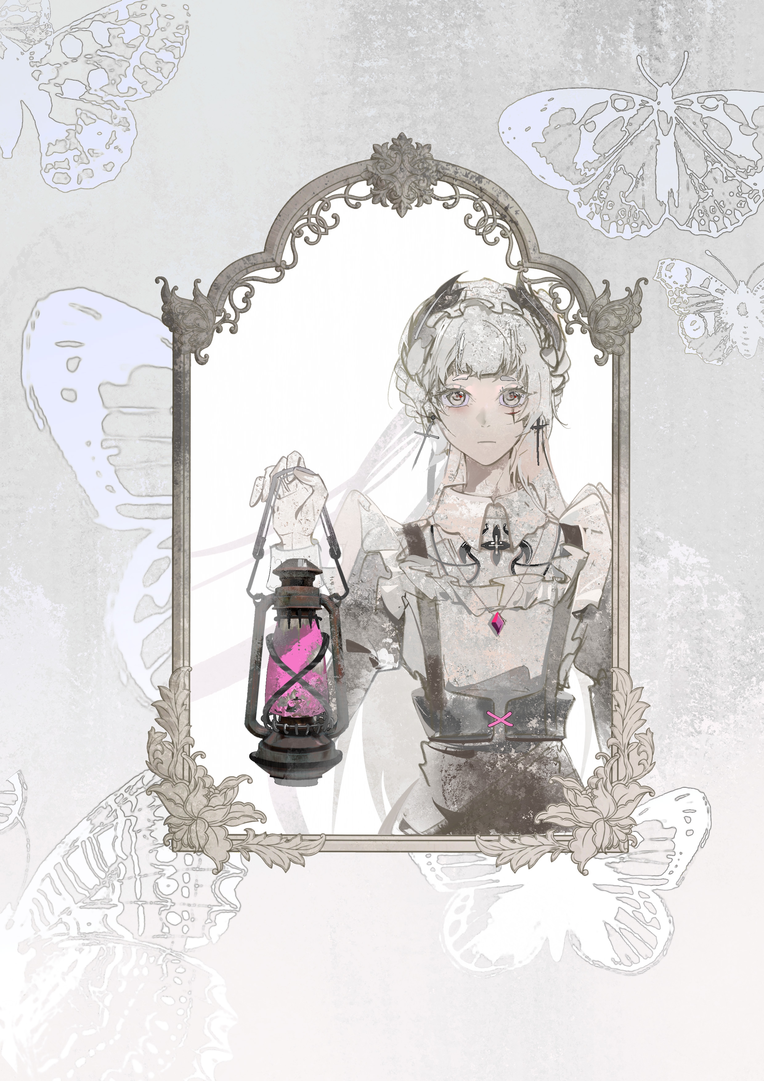 xixun, irene (arknights), arknights, absurdres, chinese commentary, commentary request, highres, 1girl, black horns, brown skirt, bug, butterfly, closed mouth, collared shirt, cross, cross earrings, cross facial mark, earrings, expressionless, facial mark, grey eyes, holding, holding lantern, horns, insect, jewelry, lantern, long hair, long sleeves, looking at viewer, necklace, shirt, skirt, solo, suspender skirt, suspenders, upper body, white hair, white shirt