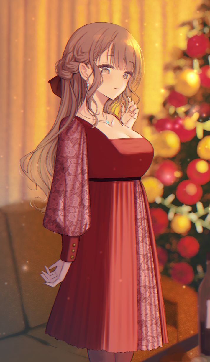 nagidango, original, commentary, english commentary, highres, 1girl, blurry, blurry background, bottle, braid, breasts, brown eyes, brown hair, christmas, christmas tree, cleavage, closed mouth, collarbone, couch, depth of field, dress, earrings, feet out of frame, indoors, jewelry, large breasts, long hair, long sleeves, looking at viewer, necklace, puffy long sleeves, puffy sleeves, red dress, smile, solo, standing, twirling hair, underbust