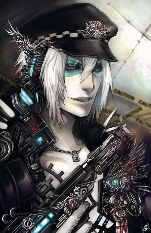 vusc, original, silver hair, bad id, bad pixiv id, 1boy, gloves, gun, hat, male focus, solo, weapon
