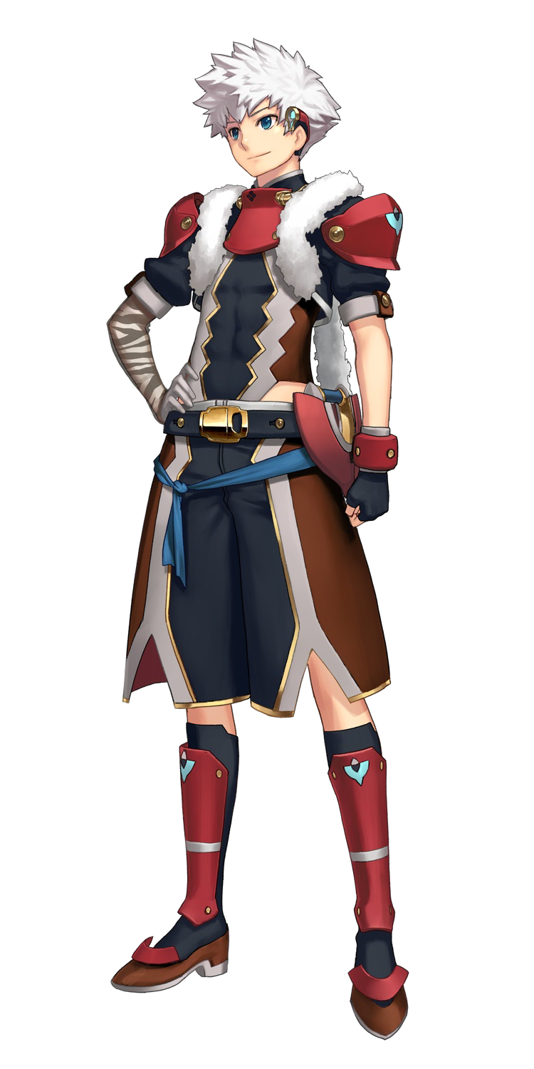 nagi ryou, aoto (ar tonelico), ar tonelico, ar tonelico iii, gust, highres, official art, 00s, 1boy, armor, asymmetrical gloves, blue eyes, boots, full body, gloves, hand on own hip, hip focus, leg armor, male focus, pauldrons, shin guards, short hair, shoulder armor, smile, solo, spiked hair, standing, transparent background, uneven gloves, white hair