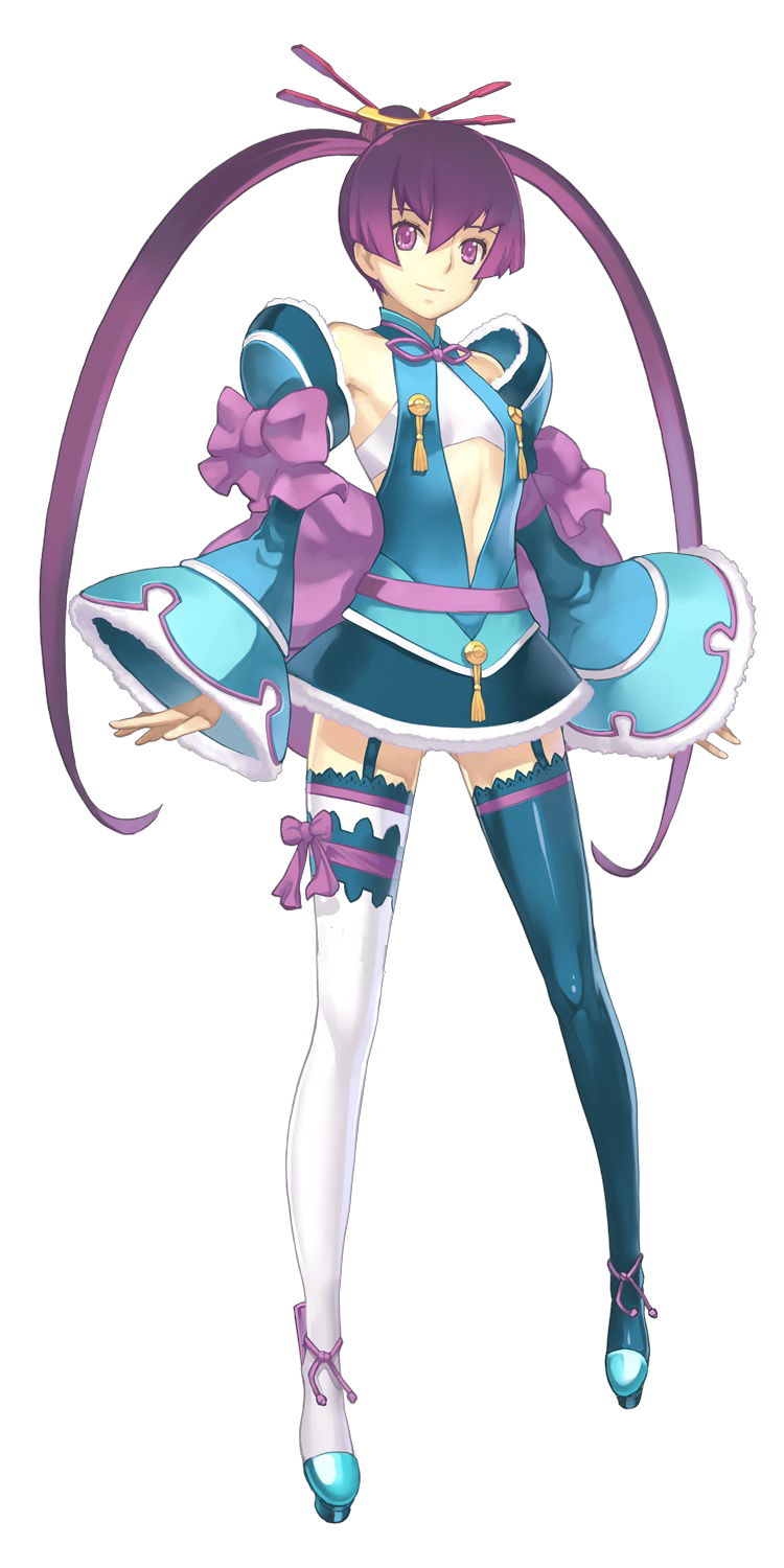 nagi ryou, finnel (ar tonelico), ar tonelico, ar tonelico iii, gust, lace-trimmed legwear, multicolored legwear, highres, official art, 00s, 1girl, asymmetrical legwear, blue thighhighs, bow, detached sleeves, female focus, flat chest, full body, garter belt, garter straps, hair ornament, lace, lace trim, legs, long hair, mismatched legwear, purple eyes, purple hair, smile, solo, standing, thighhighs, transparent background, twintails, zettai ryouiki