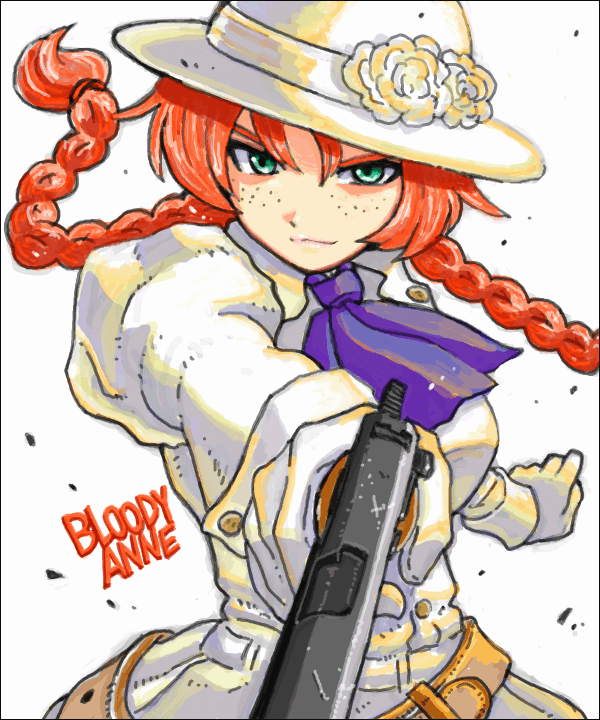 johnnie, anne shirley, anne of green gables, nippon animation, world masterpiece theater, 1girl, aged up, alternate costume, braid, female focus, flower, freckles, green eyes, gun, hat, red hair, simple background, smirk, solo, twin braids, weapon, white background