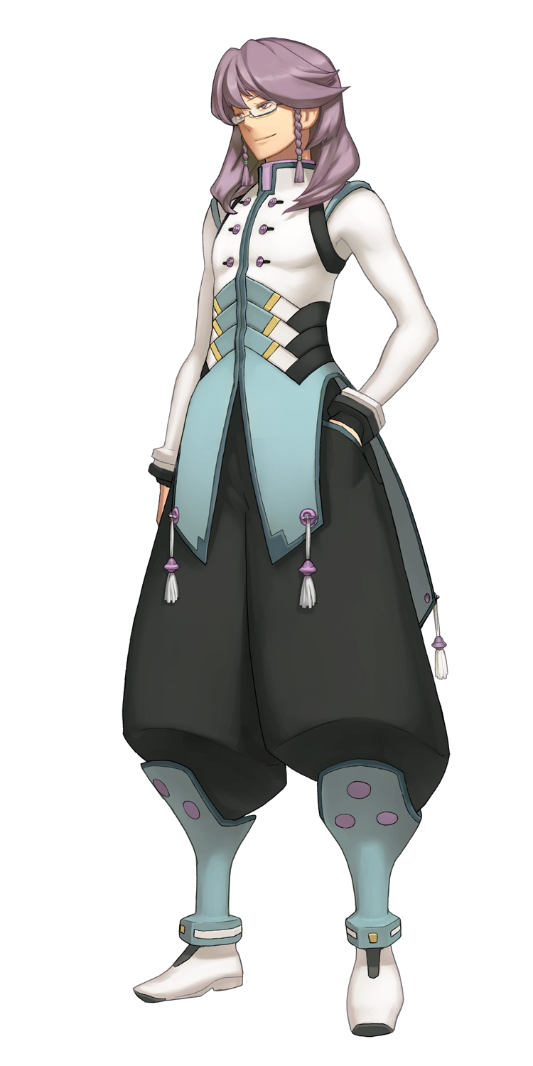 nagi ryou, hikari gojou, hikari gojyou, ar tonelico, ar tonelico iii, gust, highres, official art, 00s, 1boy, braid, full body, glasses, hand in pocket, high collar, male focus, pants, pants tucked in, purple eyes, purple hair, side braids, solo, standing, transparent background