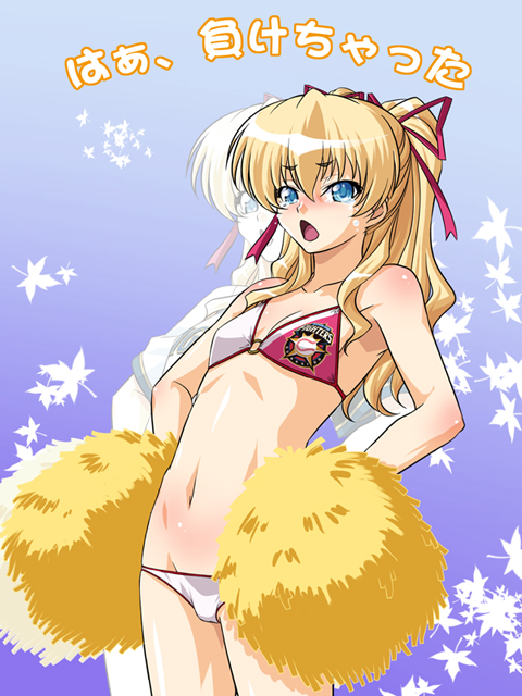 kagami hirotaka, macika, emina&aki, hokkaido nippon-ham fighters, nippon professional baseball, original, translated, 1girl, bare shoulders, bikini, blonde hair, blue eyes, cheerleader, female focus, flat chest, hands on own hips, long hair, navel, pom pom (cheerleading), ponytail, solo, swimsuit, tears, zoom layer