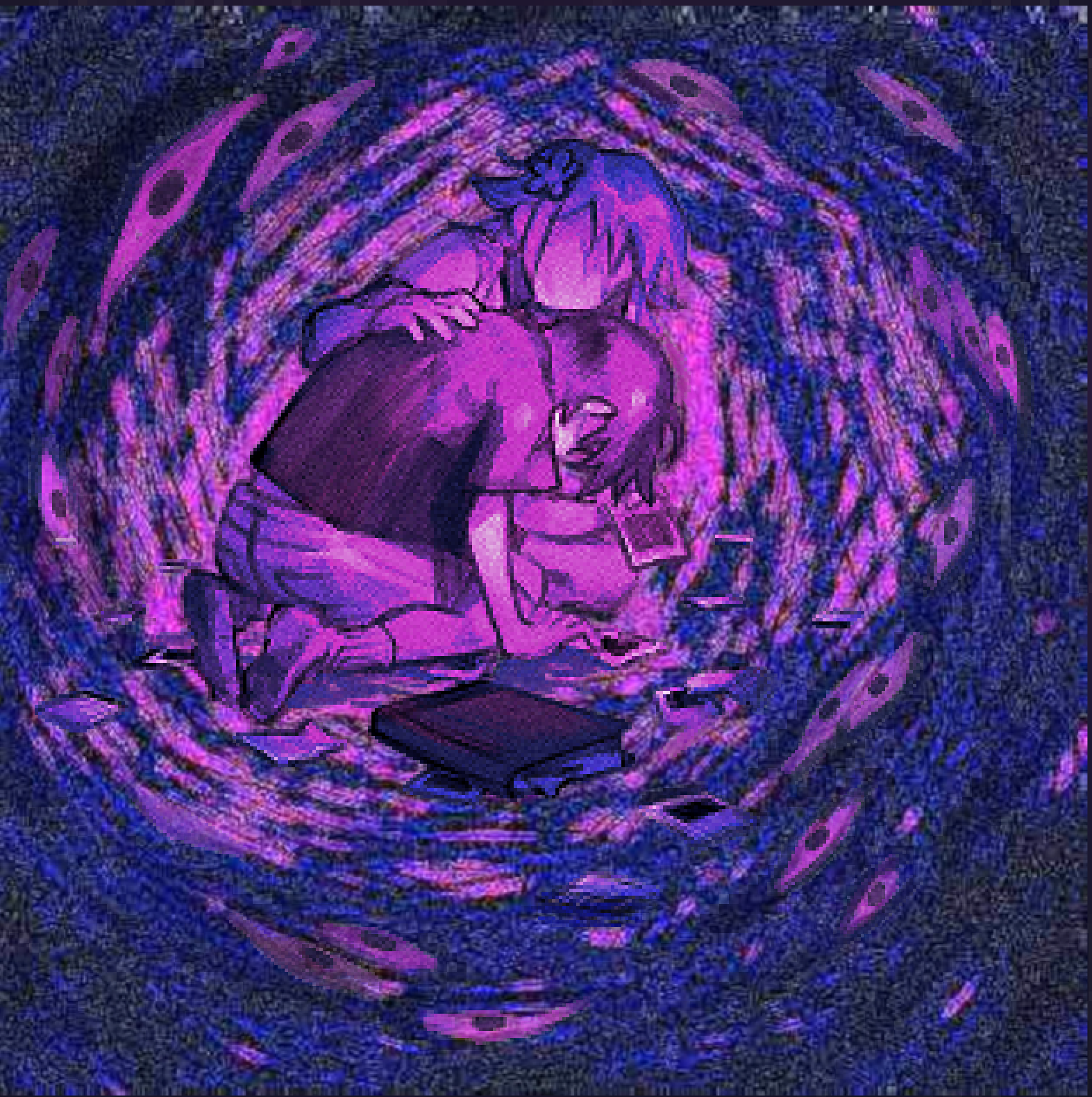 9twoeight, basil (faraway) (omori), basil (omori), something (omori), sunny (omori), omori, highres, spoilers, 2boys, aged down, faceless, faceless male, film grain, flower, hair flower, hair ornament, hand on another's back, heavy film grain, male focus, monochrome, multiple boys, photo (object), purple theme, scene reference, scrapbook, seiza, shirt, short hair, short sleeves, shorts, sidelocks, sitting, socks, t-shirt