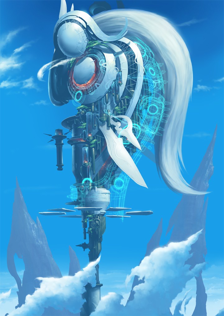 nagi ryou, ar tonelico, ar tonelico iii, gust, official art, 00s, blue theme, cloud, day, hologram, mountain, no humans, outdoors, scenery, sky, tower