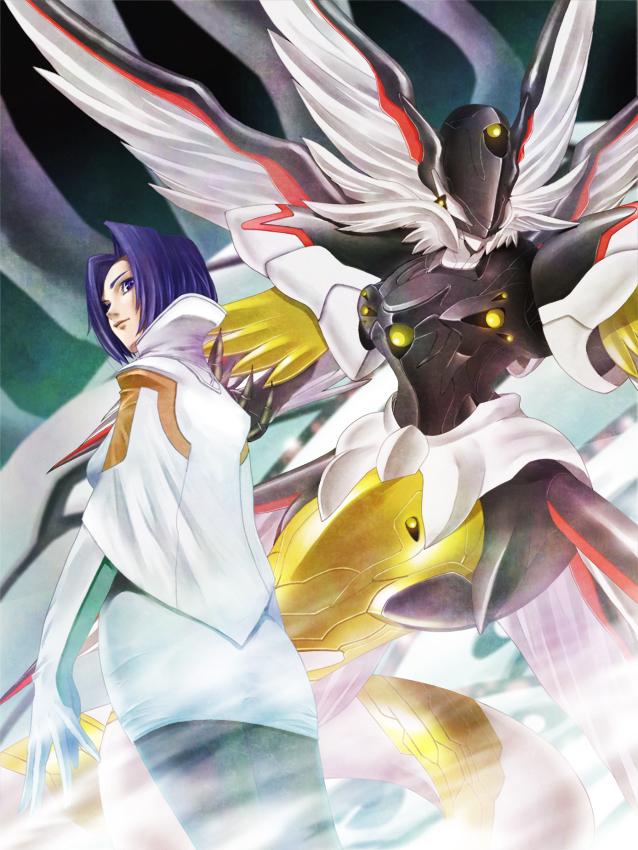 clarityblue, miang hawwa, opiomorph, xenogears, cape, gloves, mecha, pantyhose, purple eyes, purple hair, robot, short hair, skirt, wings