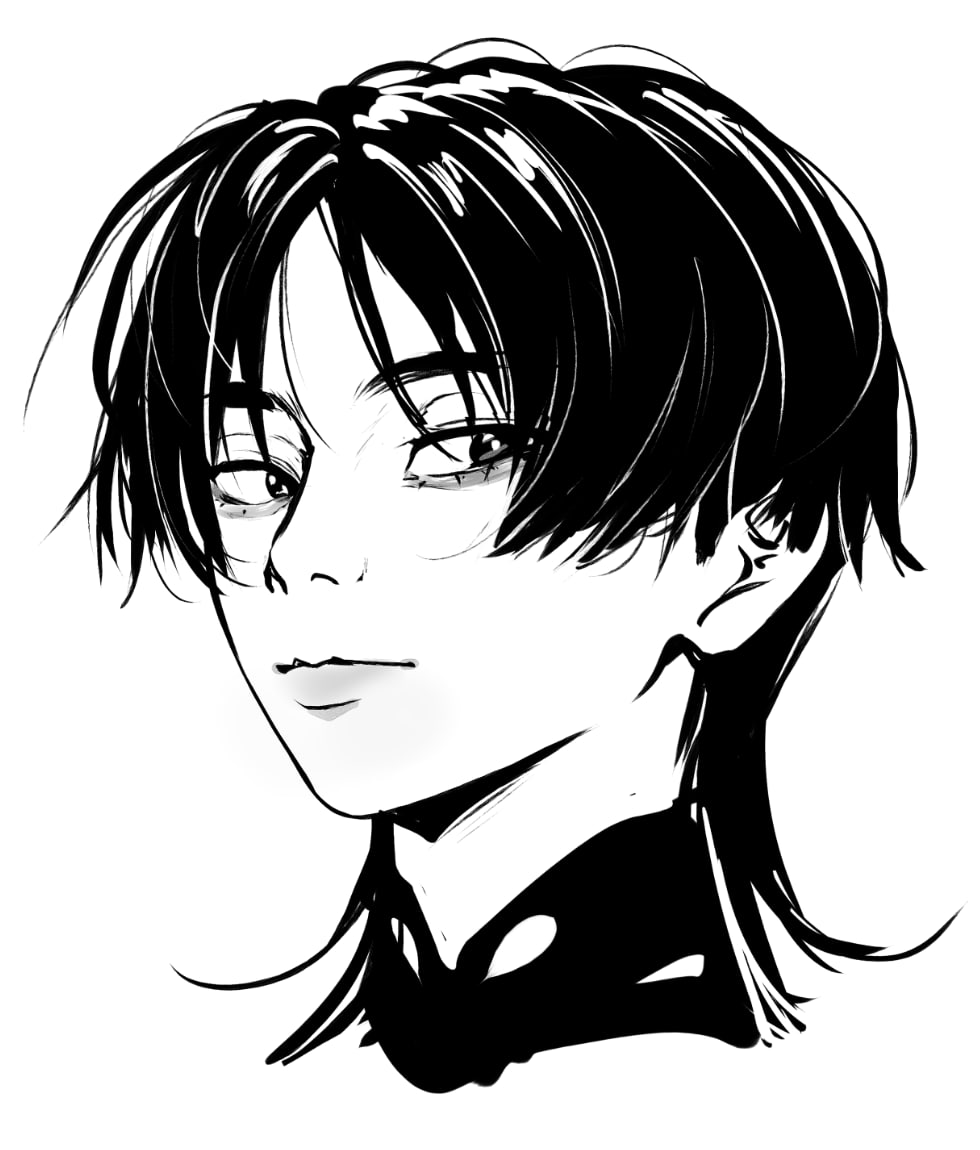 scaramouche (genshin impact), wanderer (genshin impact), genshin impact, 1boy, aegyo sal, blunt ends, closed mouth, cropped head, eyelashes, greyscale, hootaru u, looking at viewer, male focus, mandarin collar, monochrome, portrait, realistic, solo, tsurime, white background, wispy bangs