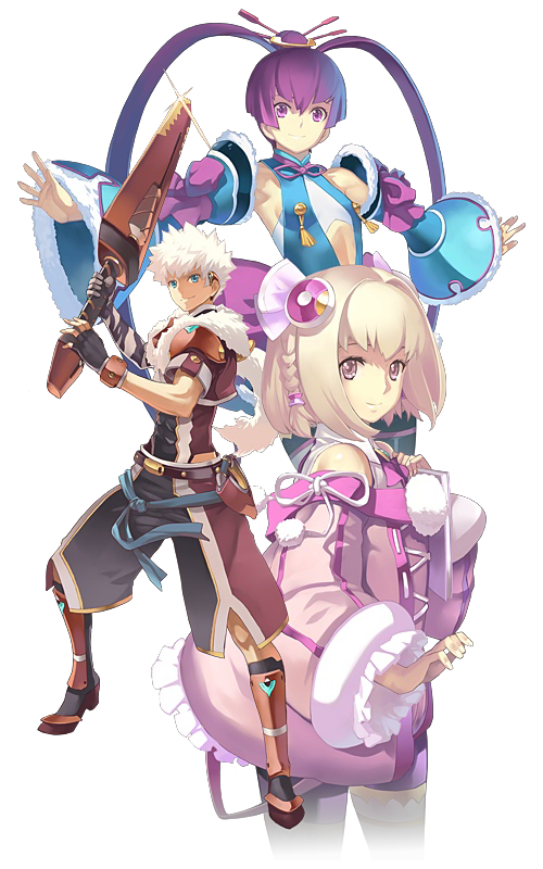 nagi ryou, aoto (ar tonelico), finnel (ar tonelico), saki (ar tonelico), ar tonelico, ar tonelico iii, gust, official art, 00s, armor, blonde hair, blue eyes, bow, braid, detached sleeves, flat chest, gloves, hair ornament, long hair, purple eyes, purple hair, short hair, transparent background, twintails, weapon, white hair