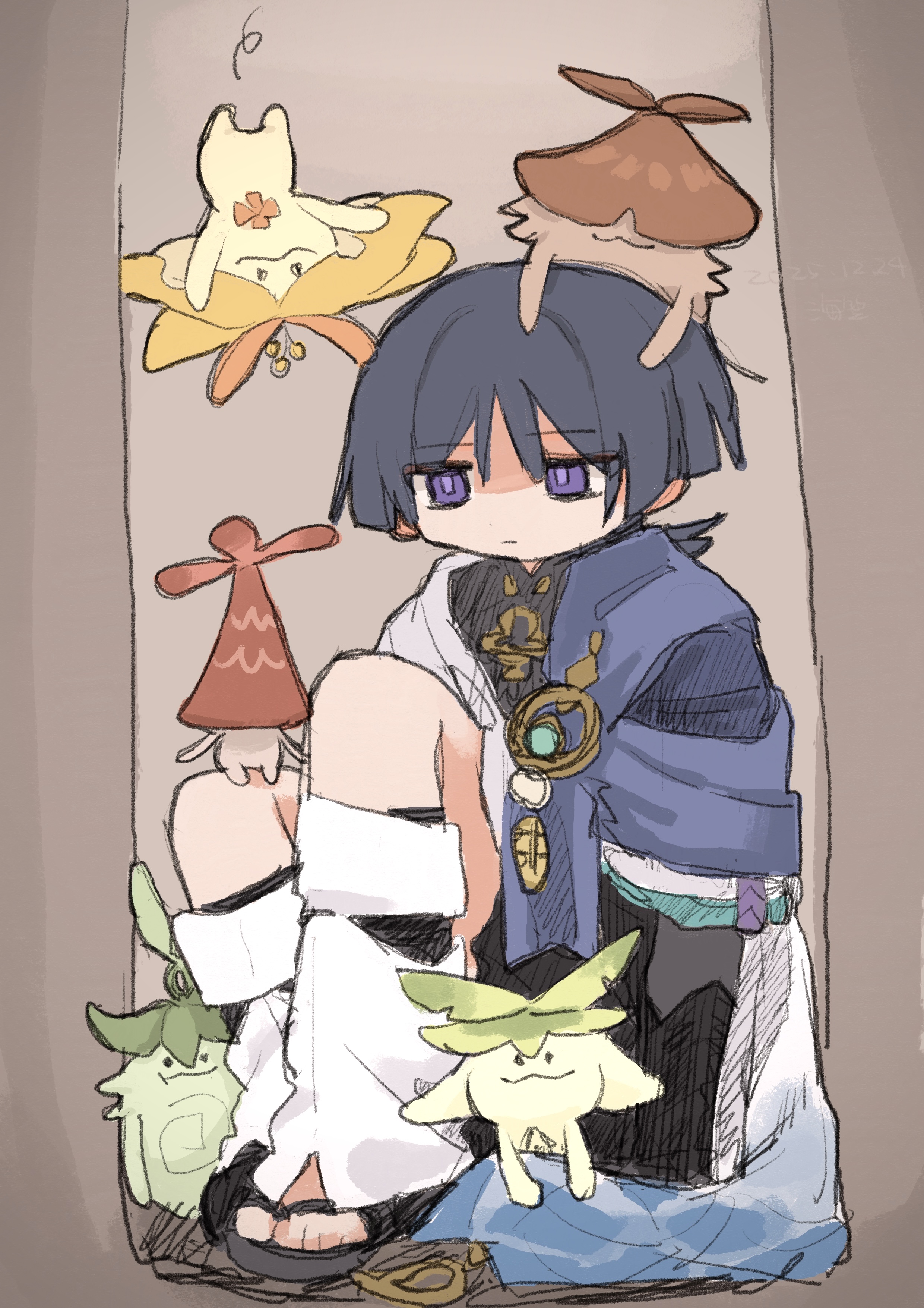 umigasa, aranara (genshin impact), scaramouche (genshin impact), wanderer (genshin impact), genshin impact, absurdres, highres, 1boy, aqua gem, aqua sleeves, arm at side, armor, black bodysuit, black hair, black sandals, black shorts, blunt ends, bodysuit, bridal gauntlets, cape, closed mouth, creature on head, empty eyes, furisode, gem, gold, grey bridal gauntlets, japanese armor, japanese clothes, kimono, kote, kurokote, layered sleeves, leg warmers, male focus, mandarin collar, pom pom (clothes), purple cape, purple eyes, sandals, short sleeves, shorts, sitting, sketch, toes, white kimono, white leg warmers, white sleeves, wispy bangs