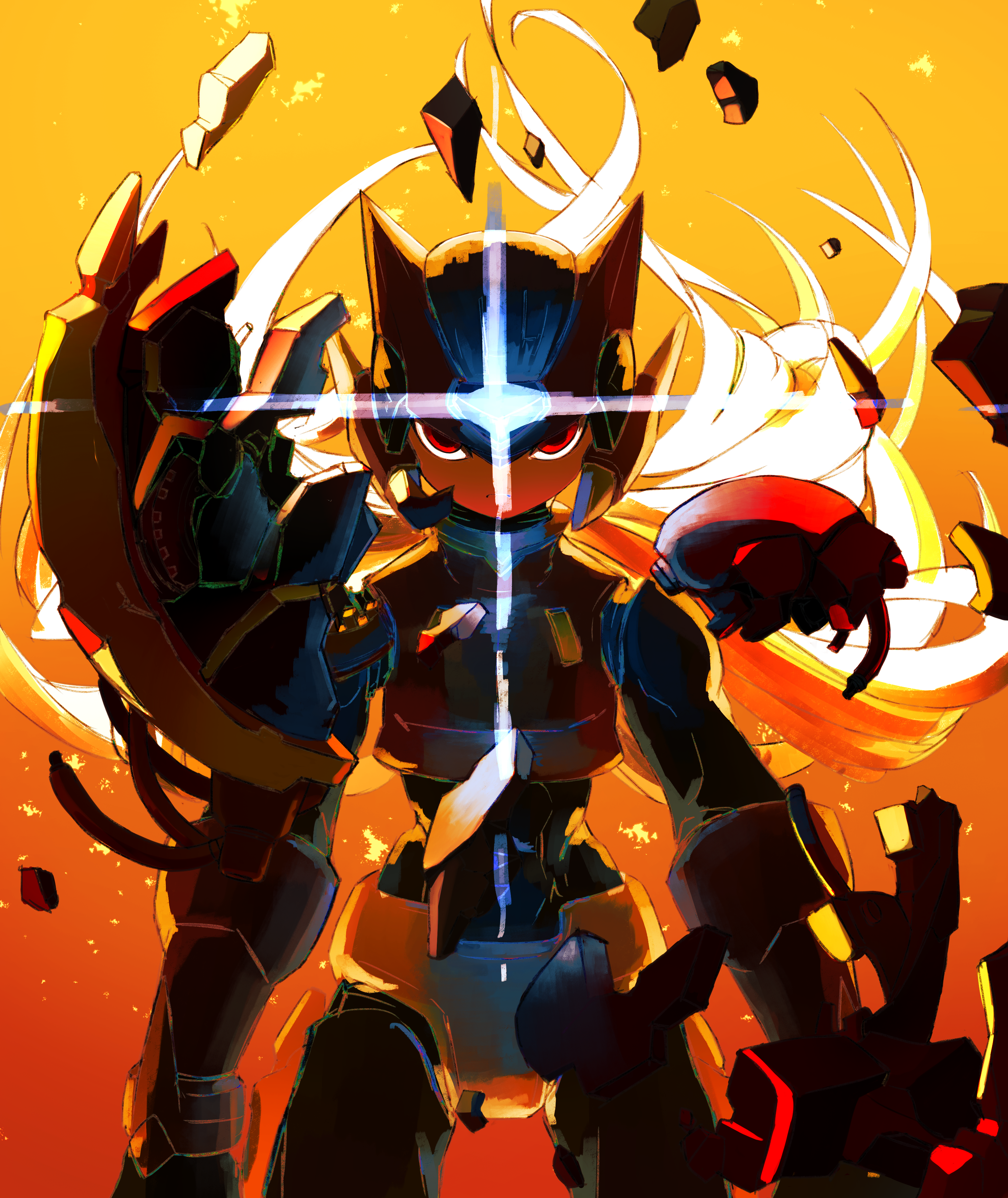 omochi (mochi skymega), omega (mega man), mega man (series), mega man zero (series), mega man zero 3, absurdres, commentary request, highres, 1boy, android, armor, blonde hair, energy blade, energy sword, floating rock, gloves, glowing, gradient background, helmet, holding, long hair, looking at viewer, male focus, orange background, red eyes, robot, solo, straight-on, sword, very long hair, weapon, yellow background