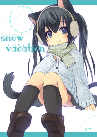 gum (vivid garden), nakano azusa, k-on!, bad id, bad pixiv id, 00s, 1girl, animal ears, black hair, blue eyes, blush, cat ears, cat girl, cat tail, coat, female focus, long hair, scarf, sitting, skirt, smile, socks, solo, tail, twintails, white background, winter clothes