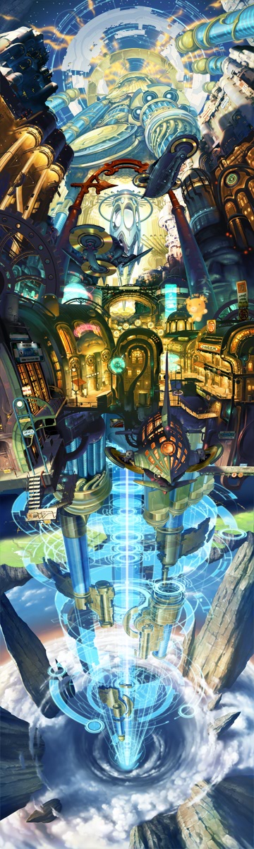 ar tonelico, ar tonelico iii, gust, highres, long image, official art, tall image, 00s, aircraft, airship, city, cloud, dirigible, fisheye, floating continent, flying, glowing, hologram, no humans, scenery, science fiction, sky