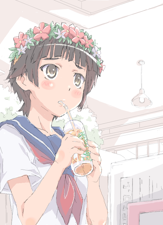 katakuri, uiharu kazari, toaru kagaku no railgun, toaru majutsu no index, 00s, 1girl, black hair, blush, brown eyes, drink, drinking, drinking straw, female focus, flower, hair flower, hair ornament, head wreath, school uniform, serafuku, short hair, solo
