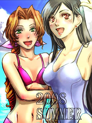 mitsugi210, aerith gainsborough, tifa lockhart, final fantasy, final fantasy vii, lowres, 1990s (style), bikini, black hair, blush, brown hair, crossed arms, earrings, green eyes, jewelry, long hair, open mouth, red eyes, ribbon, swimsuit