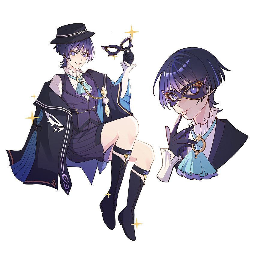 scaramouche (genshin impact), wanderer (genshin fes 2026) (genshin impact), wanderer (genshin impact), genshin impact, blue gem, 1boy, :p, ascot, black boots, black coat, black gloves, black hat, black mask, black sleeves, blue ascot, blue sleeves, blunt ends, boater hat, boots, bright pupils, brooch, coat, cropped torso, eye mask, eyeliner, eyeshadow, feathers, formal clothes, frilled shirt collar, frilled sleeves, frills, full body, gem, glint, gloves, gold, half gloves, hand up, hat, holding, holding mask, jewelry, knee boots, lace-up boots, lapels, layered ascot, layered sleeves, long sleeves, makeup, male focus, mask, official alternate costume, open clothes, open coat, open mouth, pleated shorts, pom pom (clothes), purple ascot, purple eyes, purple hair, purple shorts, purple vest, red eyeliner, red eyeshadow, shirt, shorts, single off shoulder, sitting, solo, tiniloaf, tongue, tongue out, tsurime, two-sided sleeves, undershirt, vest, white background, white pupils, white shirt, wispy bangs, yellow feathers