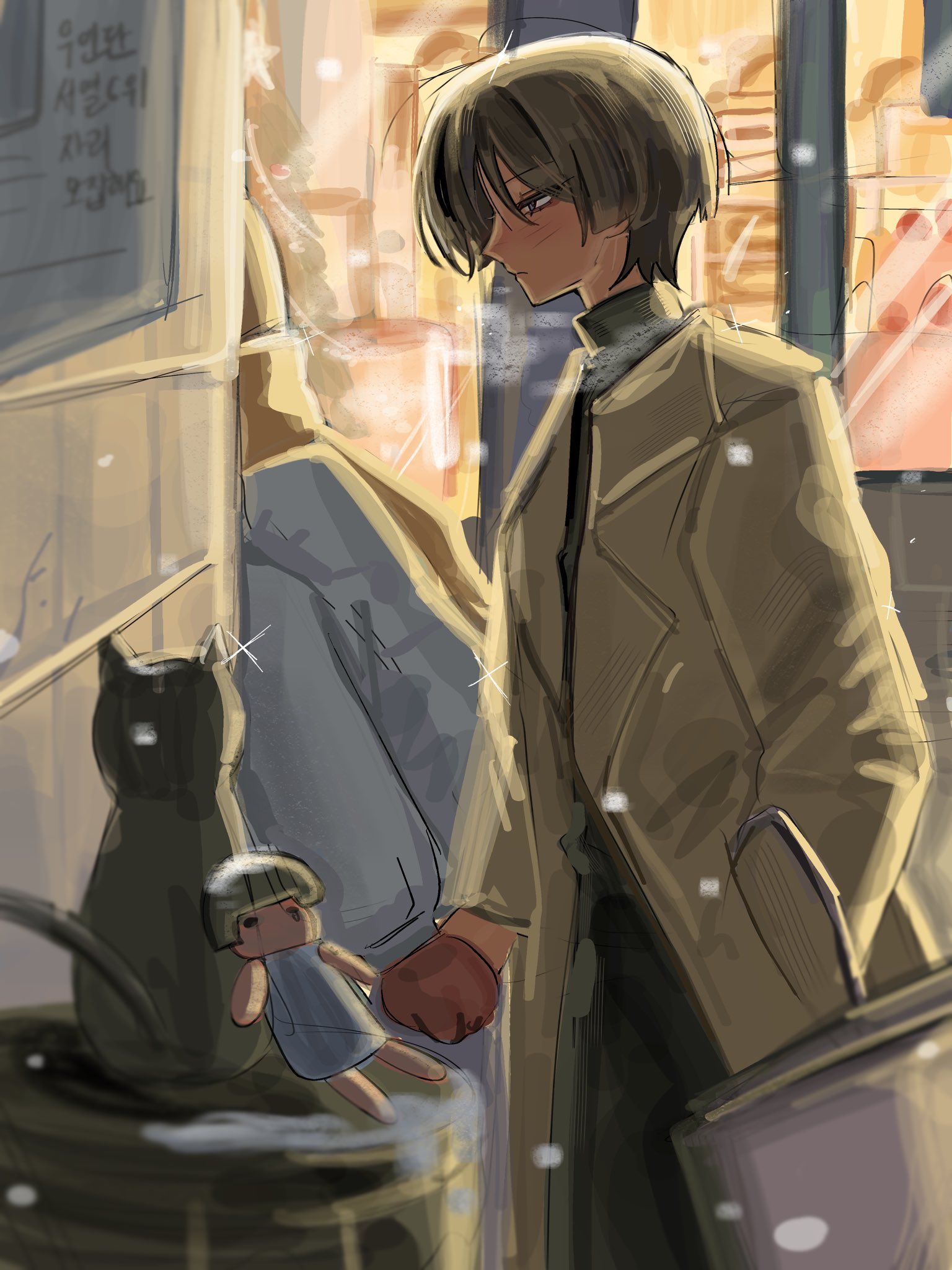 scaramouche (genshin impact), genshin impact, highres, translation request, 1boy, alternate costume, arms at sides, black cat, black pants, black shirt, blunt ends, cat, closed mouth, coat, contemporary, doll, eyeliner, eyeshadow, gloves, grey hair, hand in pocket, holding hands, imagirl 0, korean text, lapels, light blush, long sleeves, looking to the side, makeup, male focus, outdoors, pants, purple eyes, red eyeliner, red eyeshadow, red gloves, scarf, shirt, tsurime, turtleneck, turtleneck shirt, undershirt, white coat, white sleeves, window, winter clothes, winter coat, yellow scarf