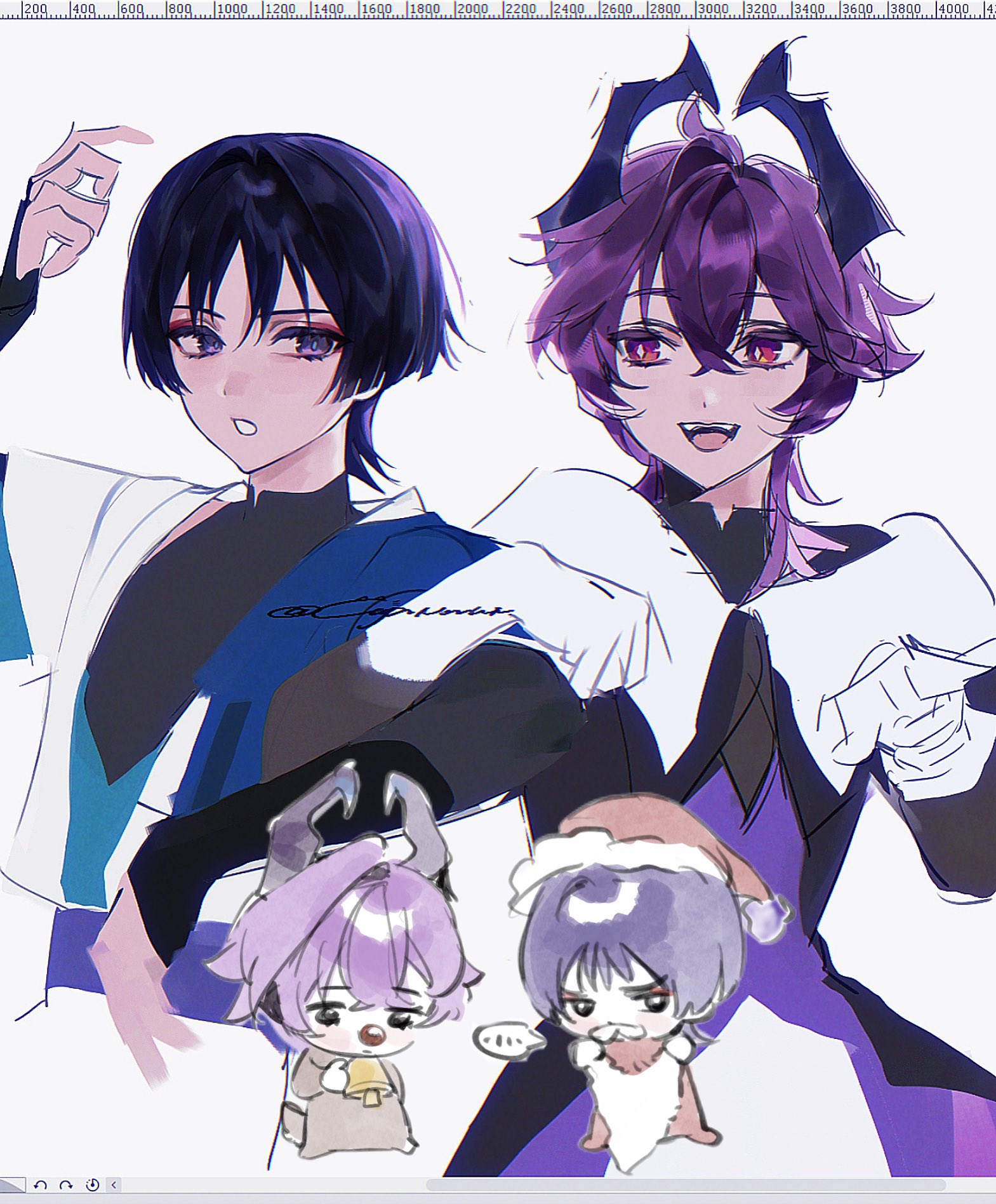 cnorkie, durin (genshin impact), rudolph the red nosed reindeer, scaramouche (genshin impact), wanderer (genshin impact), genshin impact, highres, 2boys, alternate costume, animal costume, armor, art program in frame, bell, black bodysuit, black bridal gauntlets, black eyes, black horns, black mouth, blue cape, blue kimono, blue sleeves, blunt ends, bodysuit, bridal gauntlets, bright pupils, cape, cosplay, crossed bangs, diamond-shaped pupils, diamond (shape), dragon boy, dragon horns, eyelashes, eyeliner, eyeshadow, fake beard, fake facial hair, fake mustache, fur-trimmed headwear, fur trim, gloves, grey bridal gauntlets, hair between eyes, hair intakes, hand up, hands up, hat, horns, japanese armor, japanese clothes, juban, kimono, kote, kurokote, layered sleeves, locked arms, looking at another, looking down, looking to the side, makeup, mandarin collar, multiple boys, neck bell, onesie, open clothes, open kimono, open mouth, orange eyes, pom pom (clothes), purple eyes, purple hair, purple horns, purple pupils, purple vest, red eyeliner, red eyeshadow, red hat, red nose, reindeer costume, rudolph the red nosed reindeer (cosplay), santa costume, santa hat, short sleeves, sideways glance, sketch, symbol-shaped pupils, teeth, tongue, two-sided horns, upper teeth only, vest, white background, white gloves, white kimono, white mouth, white pupils, white sleeves, wispy bangs