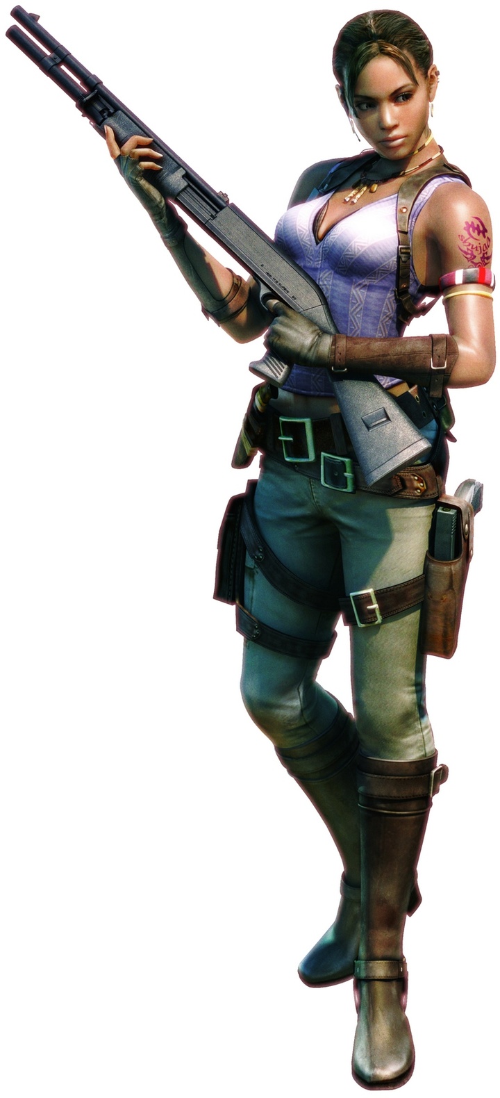 sheva alomar, resident evil, resident evil 5, highres, official art, 1girl, 3d, boots, dark-skinned female, dark skin, female focus, fingerless gloves, gloves, gun, handgun, holster, jewelry, pants, shotgun, solo, tank top, tattoo, thigh holster, weapon
