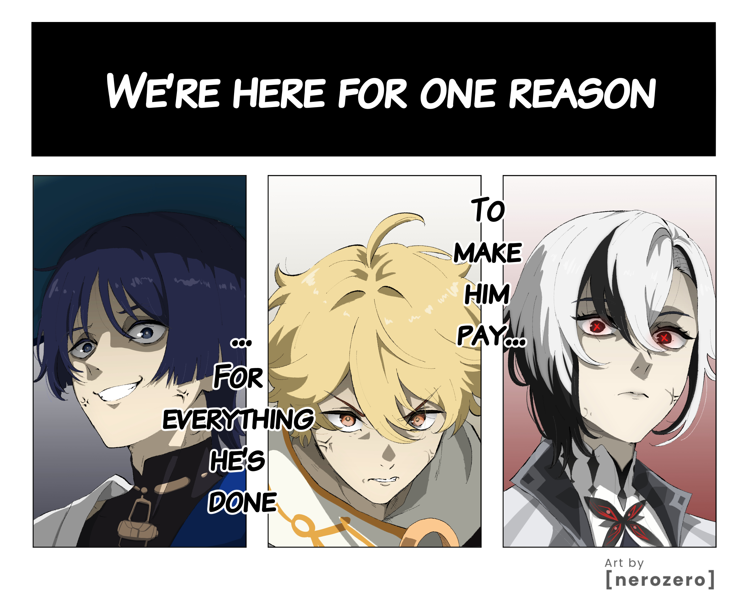 nerozero, aether (genshin impact), arlecchino (genshin impact), scaramouche (genshin impact), wanderer (genshin impact), genshin impact, highres, reference request, 1girl, 2boys, ahoge, anger vein, annoyed, artist name, asymmetrical bangs, black bodysuit, black eyes, black hair, blonde hair, blue cape, blue hat, blunt ends, bodysuit, bright pupils, brown eyes, cape, closed mouth, coat, curtained hair, english text, eyelashes, frown, glowing, glowing eyes, gold, gold trim, grey lips, grin, hat, japanese clothes, jingasa, kimono, lapels, looking at viewer, mandarin collar, multicolored hair, multiple boys, red pupils, scarf, shaded face, shirt, short hair, shoulder peek, single hair intake, smile, streaked hair, symbol-shaped pupils, teeth, undershirt, veins, white coat, white hair, white kimono, white pupils, white scarf, white shirt, wide-eyed, x-shaped pupils