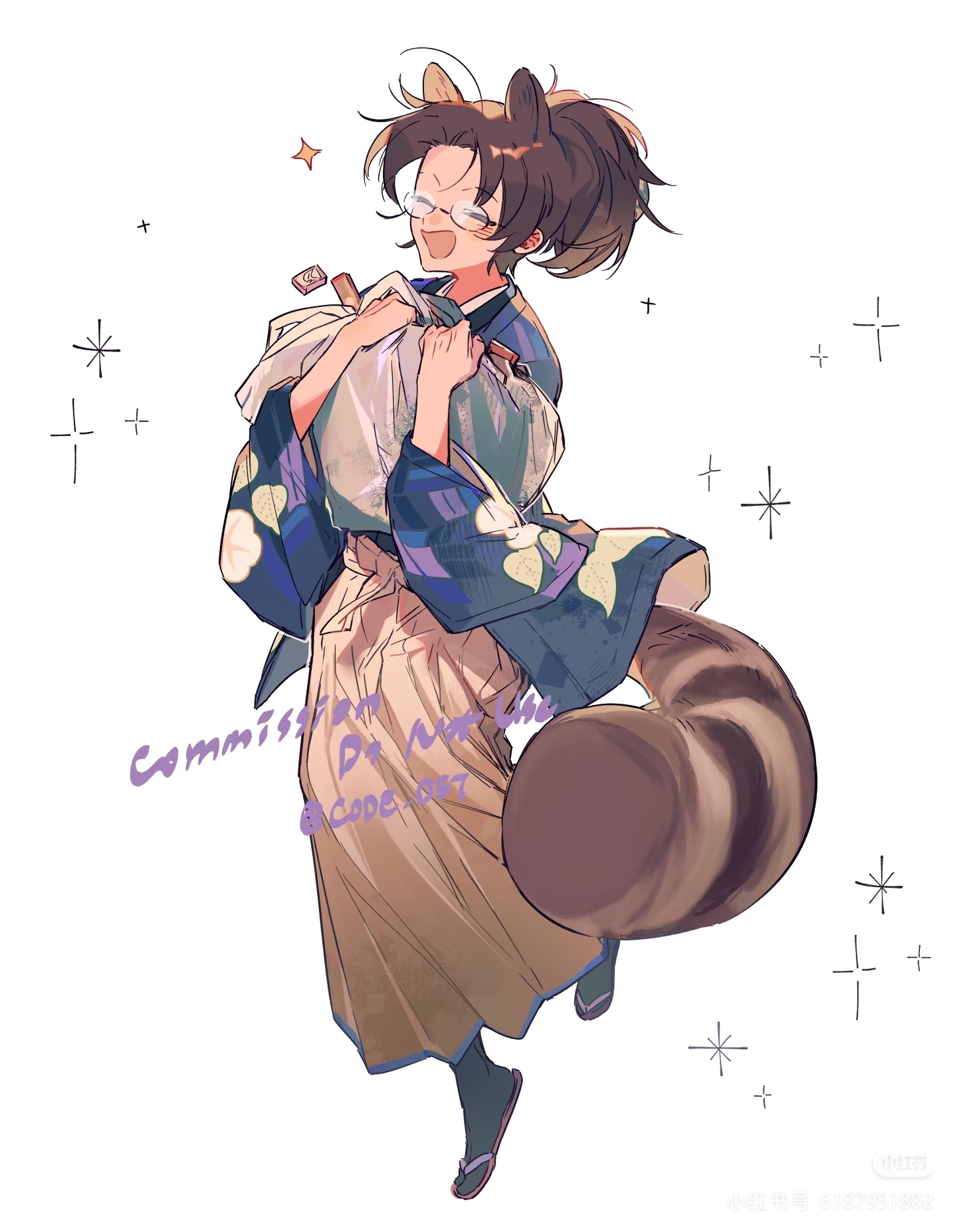 lucky small pride, hange zoe, ongeki, shingeki no kyojin, commentary request, commission, highres, 1girl, animal ears, bag, black kimono, black socks, blue haori, brown hair, brown hakama, closed eyes, full body, glasses, hakama, hakama skirt, haori, holding, holding bag, japanese clothes, kemonomimi mode, kimono, leaf print, leg up, open mouth, ponytail, print haori, purple sandals, raccoon ears, raccoon girl, raccoon tail, round eyewear, sandals, simple background, skirt, smile, socks, solo, sparkle, tail, watermark, white background