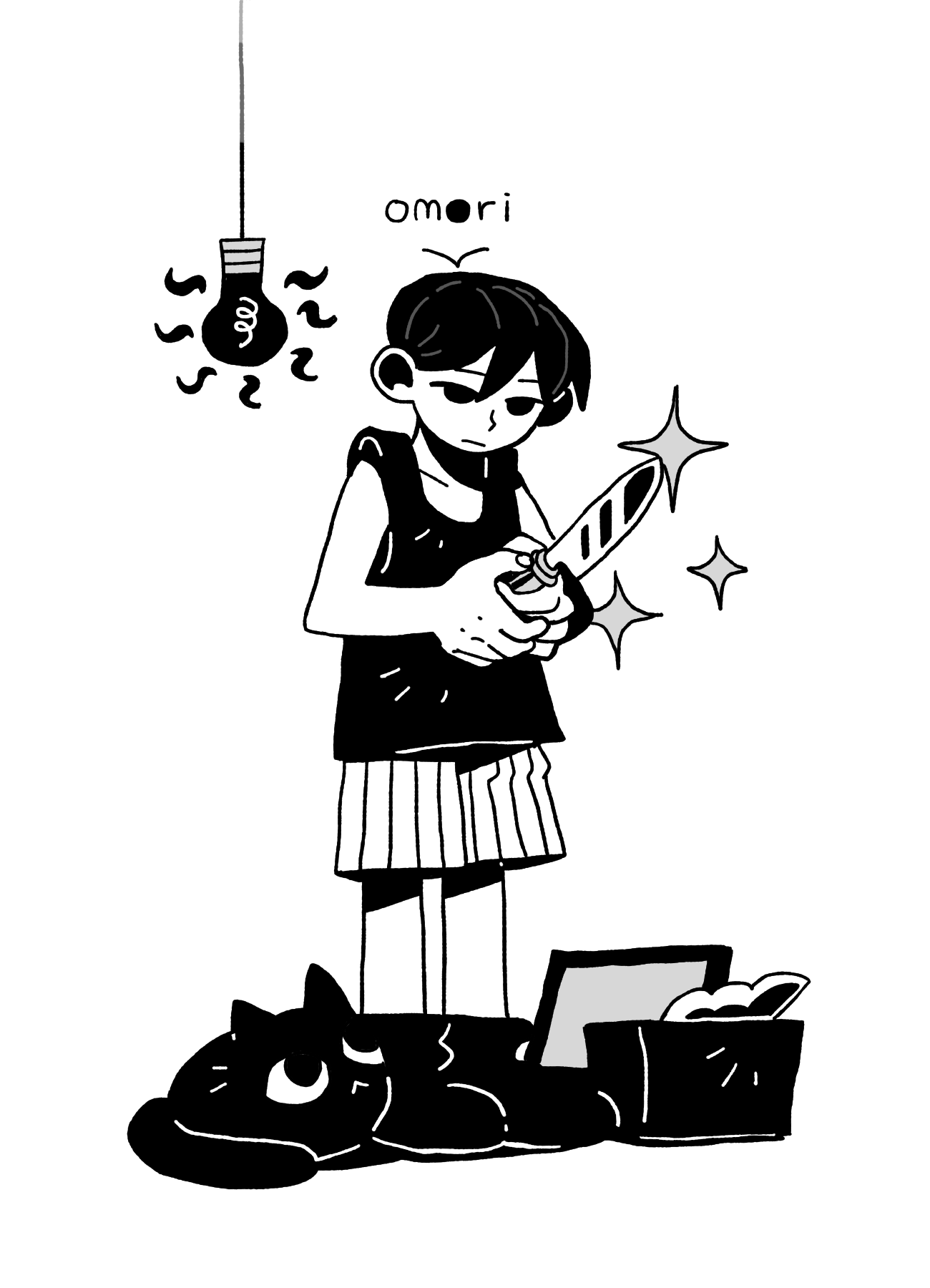 9twoeight, mewo, omori (omori), omori, highres, 1boy, antenna hair, black socks, black tank top, cat, closed mouth, collarbone, colored skin, computer, copyright name, double-parted bangs, hair between eyes, laptop, light bulb, male focus, short hair, shorts, simple background, socks, solo, sparkle, standing, striped clothes, striped shorts, tank top, tissue, tissue box, vertical-striped clothes, vertical-striped shorts, white background, white shorts, white skin