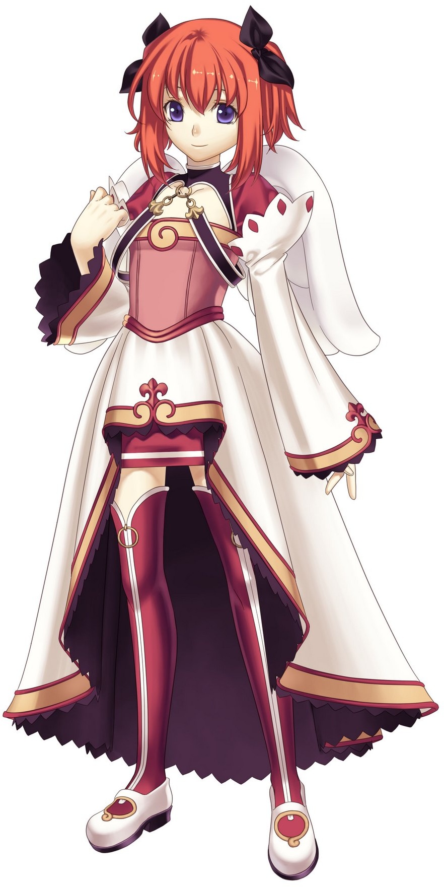 hirano katsuyuki, meu, meu (spectral souls), cross edge, spectral (series), spectral souls, commentary, highres, official art, 1girl, alternate costume, angel wings, blue eyes, boots, bow, dress, female focus, full body, hair bow, hair ribbon, red hair, ribbon, short hair, simple background, smile, solo, standing, thigh boots, thighhighs, wings