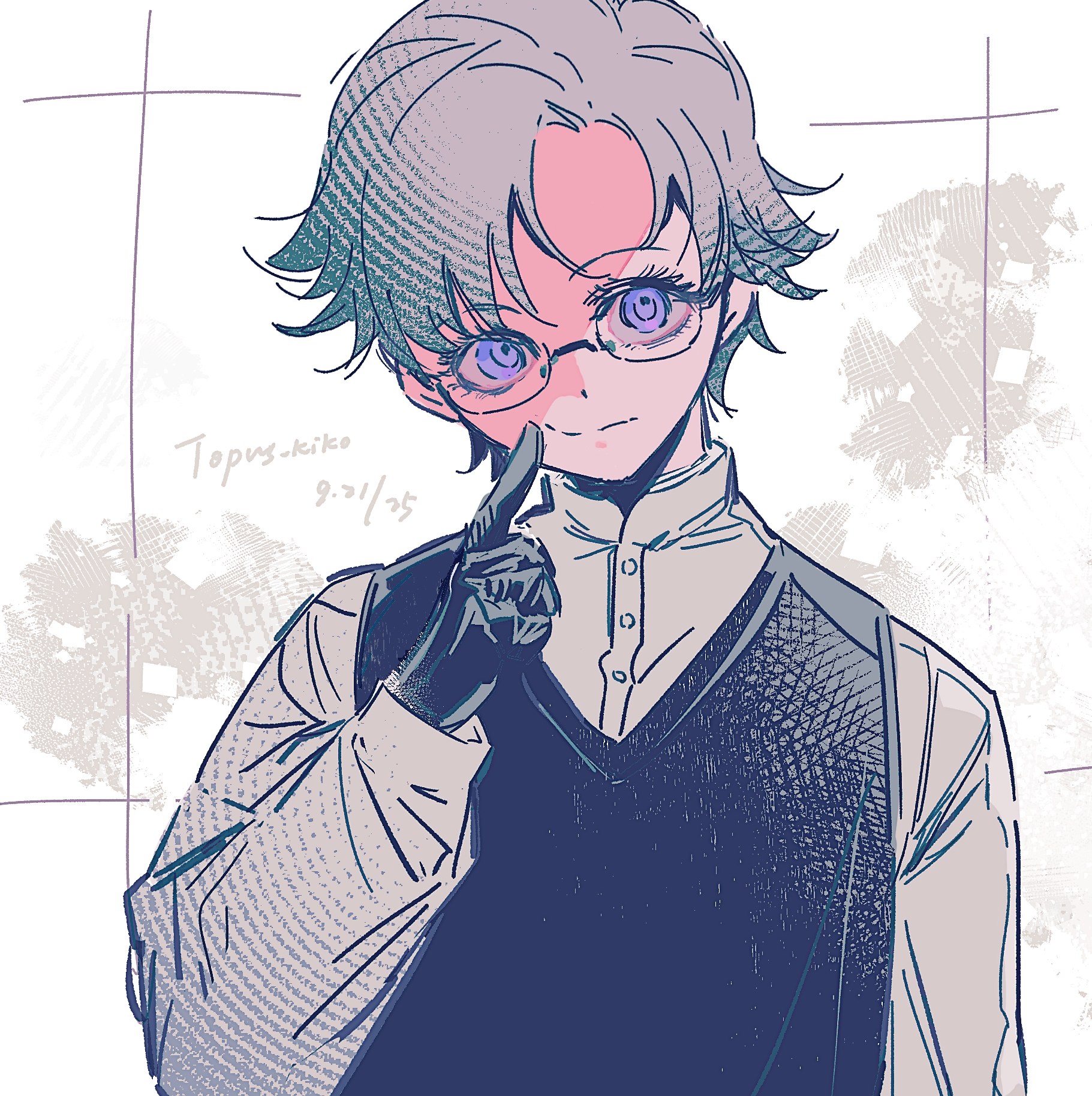 lucky small pride, aotsuki eito, the hundred line -last defense academy-, chinese commentary, commentary request, highres, variant set, 1boy, aged down, black gloves, black vest, blue eyes, buttons, closed mouth, eyelashes, finger to cheek, glasses, gloves, grey hair, grey shirt, long sleeves, male focus, official alternate costume, shirt, solo, upper body, vest, white background