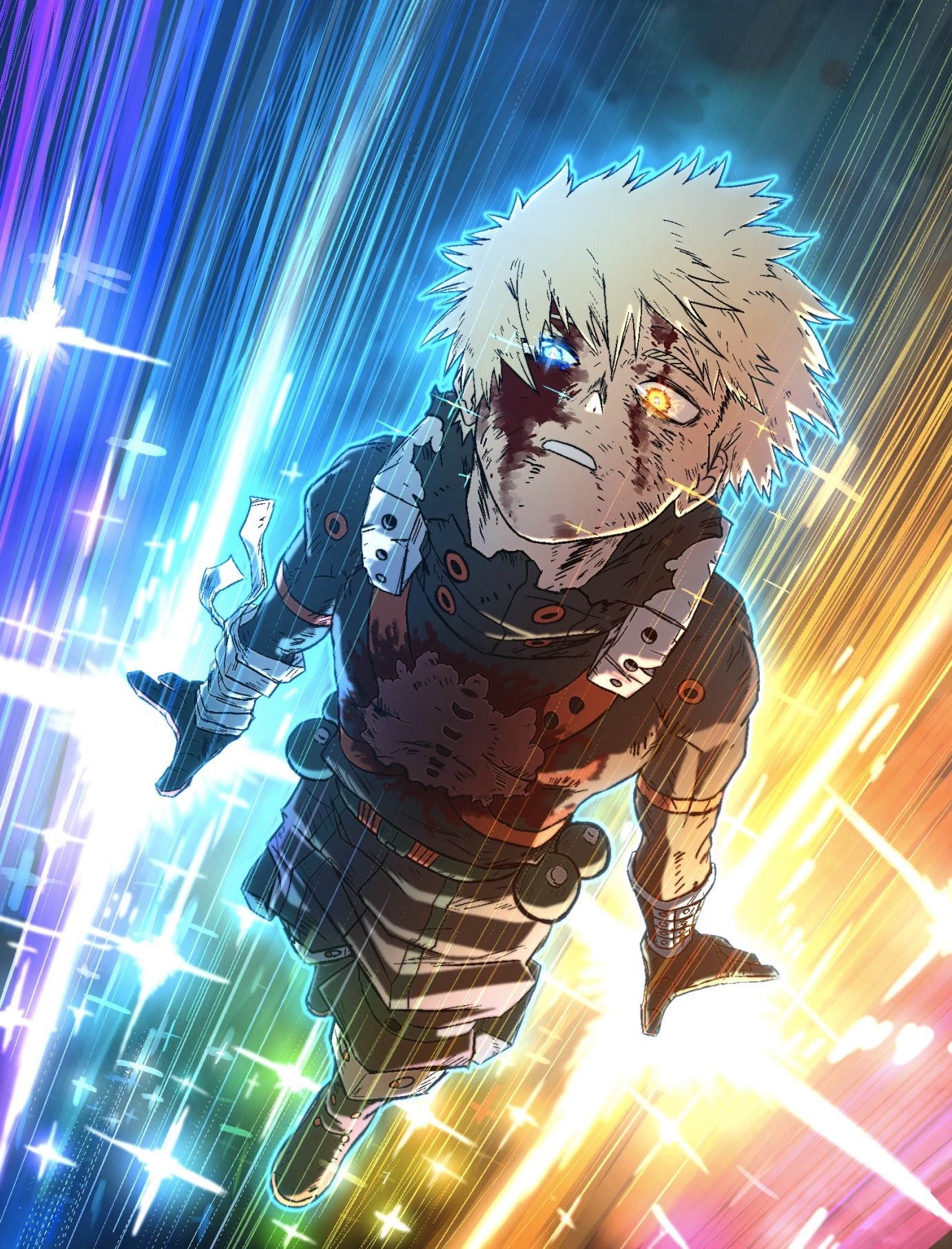 bakugou katsuki, boku no hero academia, highres, 1boy, blonde hair, blue eyes, explosion, green pants, green shirt, male focus, motion lines, pants, rinnkedao vaws, shirt, short hair, solo, speed lines, yellow eyes