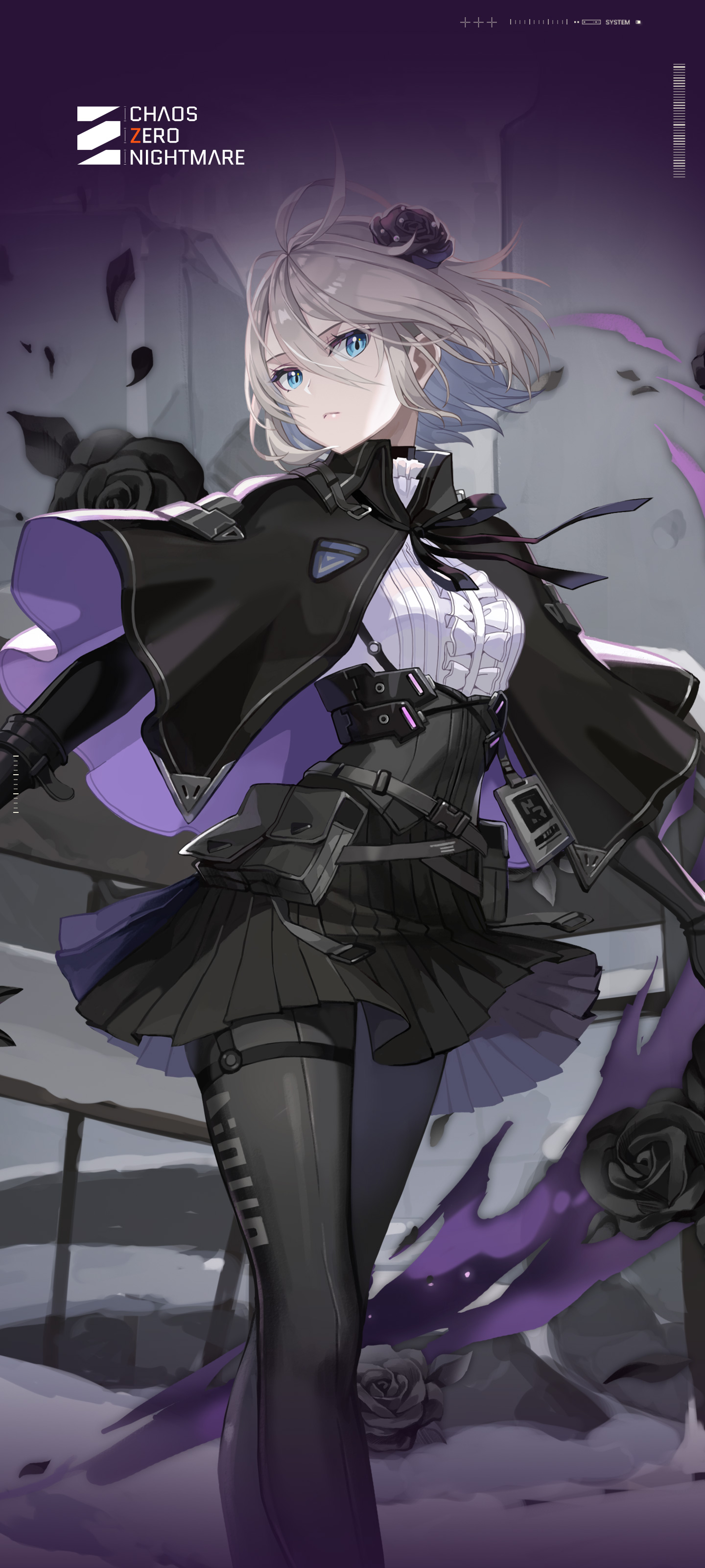 renoa (chaos zero nightmare), chaos zero nightmare, absurdres, commentary, english commentary, highres, official art, official wallpaper, 1girl, barcode, black bag, black cloak, black flower, black gloves, black pantyhose, black rose, black skirt, blue eyes, buckle, cloak, closed mouth, copyright logo, copyright name, falling petals, feet out of frame, flower, frills, frown, gloves, grey hair, hair flower, hair ornament, high-waist skirt, id card, logo, long bangs, looking at viewer, pantyhose, petals, rose, short hair, skirt, snap-fit buckle, solo