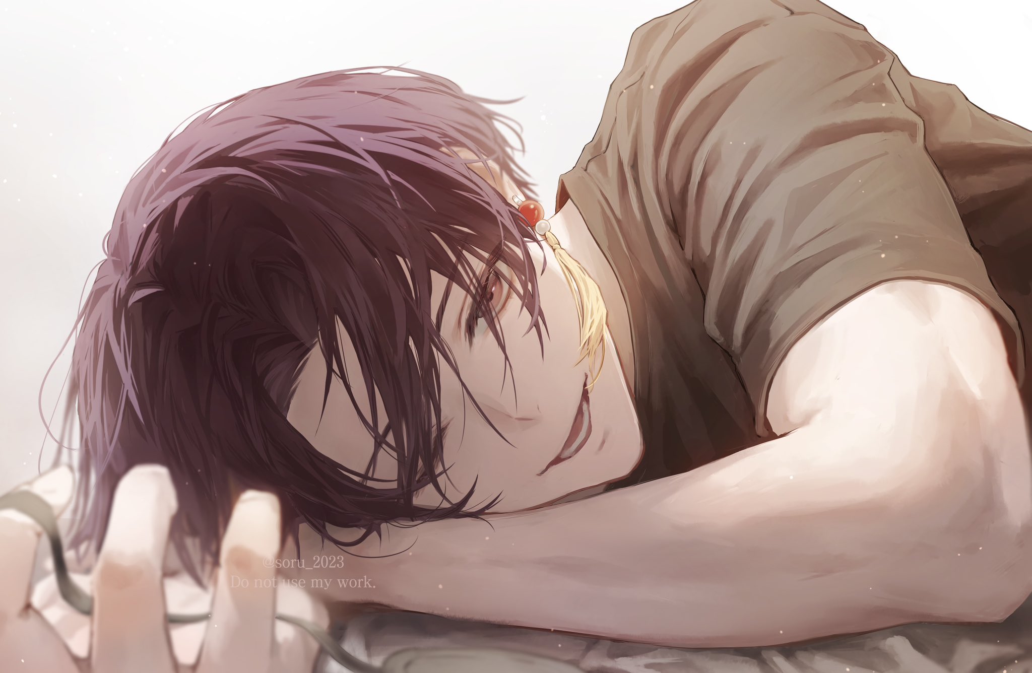 soru 2023, suo hayato, wind breaker (nii satoru), commentary request, highres, 1boy, brown shirt, earrings, jewelry, looking at viewer, lying, male focus, no eyepatch, on side, one eye closed, open mouth, shirt, simple background, solo, tassel, tassel earrings, teeth, twitter username, white background