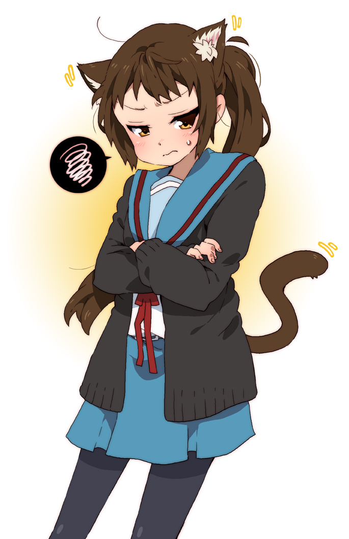 takanashi ringo, kyonko, suzumiya haruhi no yuuutsu, 00s, 1girl, animal ears, brown eyes, brown hair, cardigan, cat ears, cat girl, cat tail, female focus, genderswap, genderswap (mtf), pantyhose, ponytail, school uniform, serafuku, solo, tail