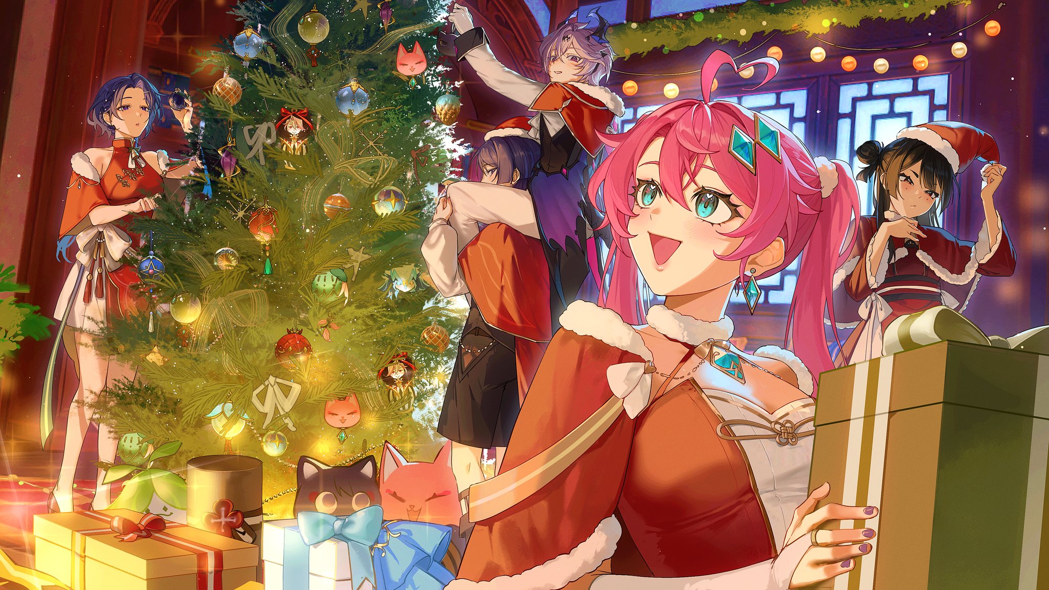 yoontrsh, aranara (genshin impact), durin (genshin impact), scaramouche (cat) (genshin impact), scaramouche (genshin impact), wanderer (genshin impact), genshin impact, original, highres, 2boys, 3girls, ahoge, alternate headwear, animalization, aqua eyes, aqua gem, architecture, arm up, bare shoulders, bell, black coat, black eyes, black hair, black horns, black shorts, black tail, blue nails, blunt bangs, blunt ends, blush, bow, bowtie, box, breasts, bridal gauntlets, brooch, cape, capelet, carrying, china dress, chinese clothes, christmas lights, christmas ornaments, christmas tree, cleavage, closed mouth, clothing cutout, coat, crossed bangs, crystal earrings, curtained hair, dragon boy, dragon horns, dragon tail, dragon wings, dress, earrings, east asian architecture, eyelashes, fingernails, fox, fur-trimmed capelet, fur-trimmed headwear, fur collar, fur trim, garland (decoration), gem, gem hair ornament, gift, gift box, gold ring, gold trim, grin, hair between eyes, hair bun, half crown braid, halterneck, hand on another's leg, hands up, hat, heart, heart ahoge, heart in eye, high heels, hip vent, holding, holding gift, horns, indoors, jewelry, lace-trimmed sleeves, lace trim, layered sleeves, long hair, long sleeves, looking at another, looking back, looking down, looking up, medium breasts, middle ring, multicolored hair, multiple boys, multiple girls, neck bell, obi, obiage, obijime, pants, pelvic curtain, person and animalization, pink hair, pink lips, pom pom (clothes), purple eyes, purple hair, purple nails, purple wings, red cape, red capelet, red dress, red hat, red sash, red sleeves, santa costume, santa hat, sash, short eyebrows, short hair, shorts, shoulder carry, single hair bun, single side bun, skirt, skirt under dress, smile, standing, streaked hair, swept bangs, symbol in eye, tail, tareme, tongue, triangle mouth, tsurime, twintails, white bow, white bowtie, white bridal gauntlets, white dress, white pants, white skirt, white sleeves, window, wings
