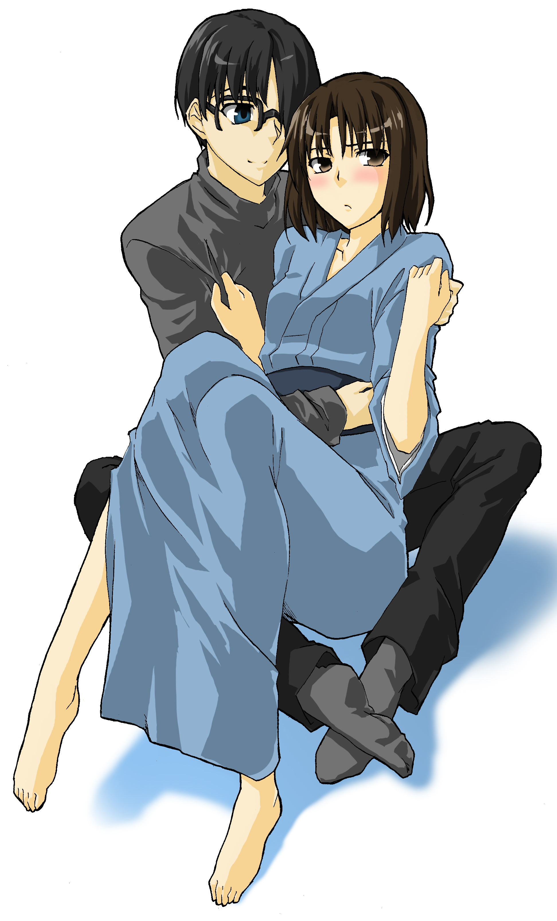 ikuwataru nagomi, kokutou mikiya, ryougi shiki, kara no kyoukai, absurdres, highres, 1boy, 1girl, barefoot, black hair, blush, couple, feet, glasses, hetero, holding, hug, japanese clothes, kimono, short hair