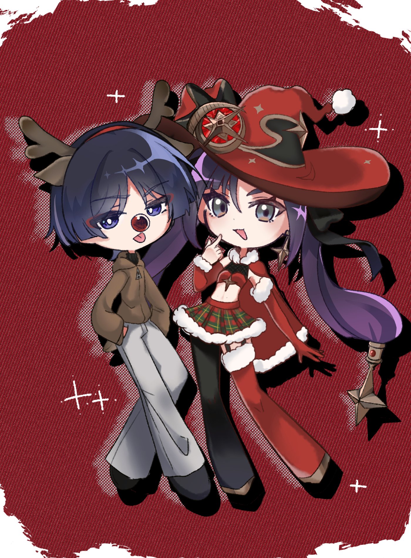 kgt1mzp8wzk83g6, mona (genshin impact), rudolph the red nosed reindeer, scaramouche (genshin impact), genshin impact, highres, 1boy, 1girl, alternate costume, animal ears, antlers, aqua eyes, arm at side, arms at sides, asymmetrical bangs, asymmetrical legwear, bandeau, black bow, black hair, black pantyhose, black shoes, blunt bangs, blunt ends, border, bow, bright pupils, brown hood, brown jacket, brown sleeves, cape, casual, contemporary, cosplay, crescent, crescent hat ornament, deer ears, detached sleeves, diffraction spikes, drop shadow, elbow gloves, eyelashes, eyeliner, eyeshadow, fake animal ears, fake horns, fishnet top, fishnets, full-length zipper, full body, fur-trimmed cape, fur-trimmed skirt, fur-trimmed sleeves, fur-trimmed thighhighs, fur trim, garter belt, gloves, gold shoes, gold trim, hair between eyes, hair bow, hairband, hand up, hands in pockets, hat, hat ornament, hood, hood down, hooded jacket, horn hairband, horns, index finger raised, jacket, long hair, long sleeves, looking at viewer, makeup, midriff, mismatched legwear, navel, pants, pantyhose, plaid clothes, plaid skirt, pointing, pointing at self, pom pom (clothes), ponytail holder, purple eyes, purple hair, red background, red bandeau, red cape, red eyeliner, red eyeshadow, red gloves, red hairband, red hat, red nose, red sleeves, red thighhighs, reindeer antlers, rudolph the red nosed reindeer (cosplay), santa costume, shoes, sidelocks, single detached sleeve, single glove, single leg pantyhose, single thighhigh, skirt, star (symbol), star hat ornament, star print, thighhighs, tongue, tongue out, tsurime, twintails, white border, white pants, white pupils, witch hat, zipper, zipper pull tab