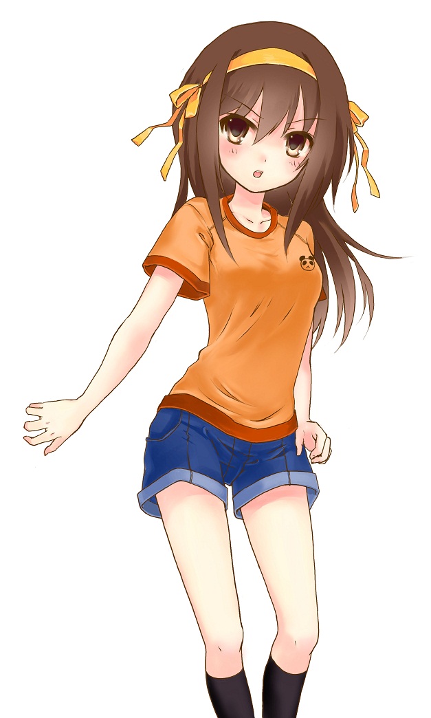 zero (miraichizu), suzumiya haruhi, suzumiya haruhi (young), suzumiya haruhi no yuuutsu, 00s, 1girl, aged down, brown eyes, brown hair, denim, denim shorts, female focus, hairband, long hair, orange shirt, shirt, shorts, simple background, solo