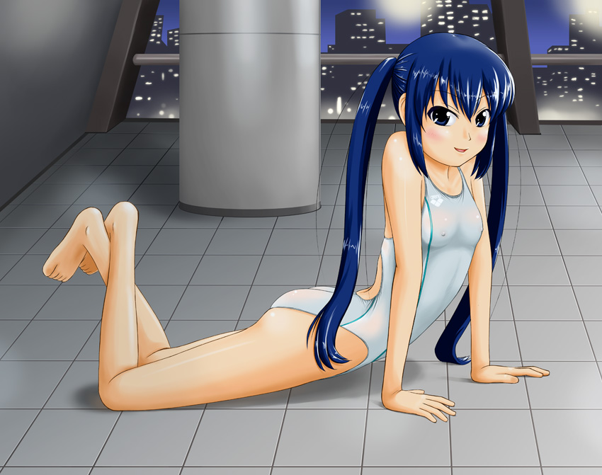 tk4, original, 1girl, arm support, bad anatomy, bad feet, barefoot, blue hair, cityscape, competition swimsuit, female focus, flat chest, long hair, lying, on stomach, one-piece swimsuit, poorly drawn, purple eyes, solo, swimsuit, twintails