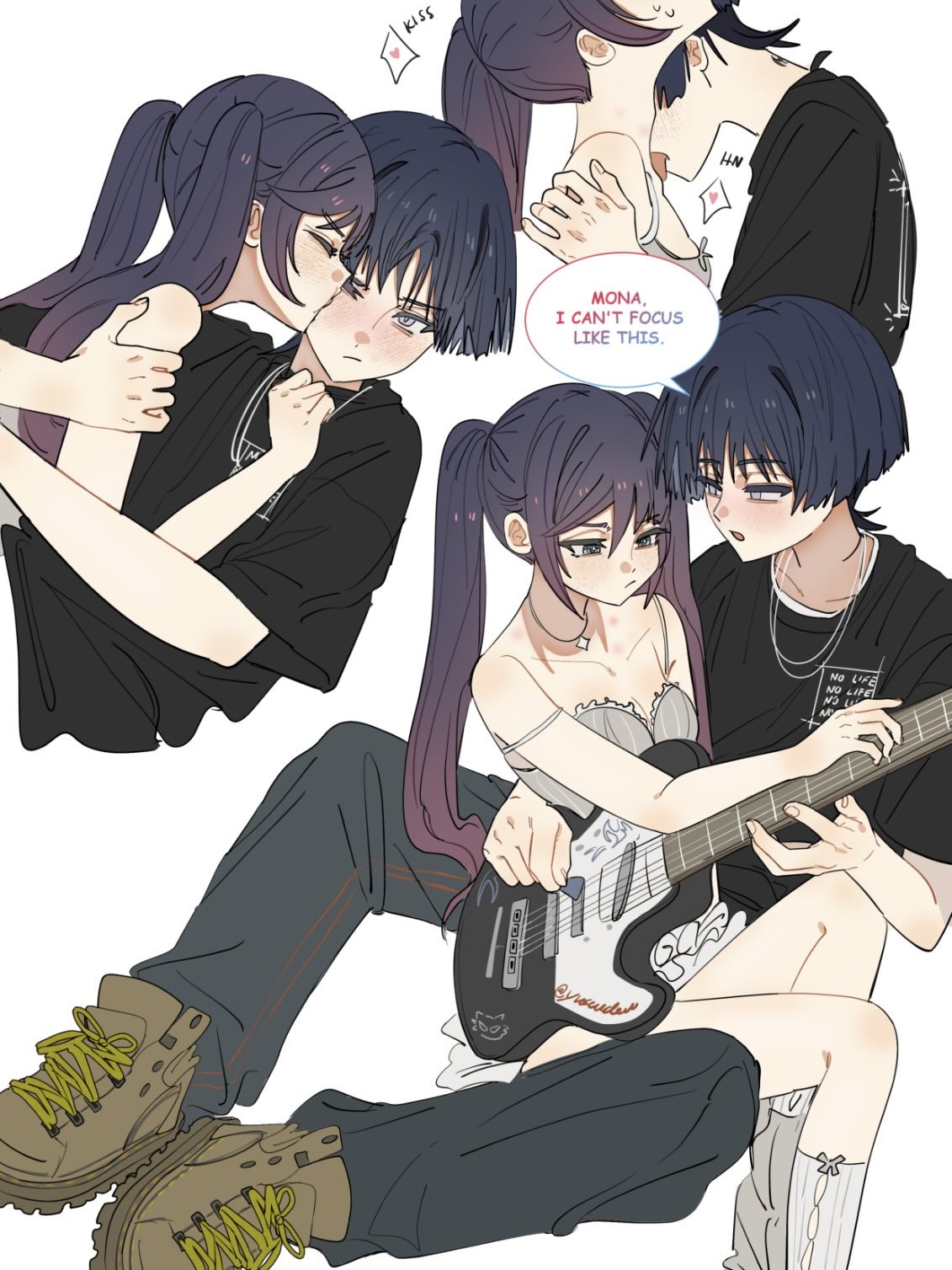 ysnden, mona (genshin impact), scaramouche (genshin impact), genshin impact, facing up, silver necklace, highres, 1boy, 1girl, artistic error, bare shoulders, birthmark, black hair, black shirt, black sleeves, blunt bangs, blunt ends, blush, breasts, brown shoes, camisole, cheek bulge, choppy bangs, cleavage, closed eyes, closed mouth, collarbone, couple, cross-laced shoes, electric guitar, embarrassed, empty eyes, eyelashes, facing another, flirting, frilled skirt, frills, girl on top, gradient hair, grey camisole, grey eyes, grey pants, guitar, hair between eyes, hand on another's arm, hand on another's chest, hand on another's shoulder, heart, hetero, hickey, holding, holding another's arm, holding guitar, holding instrument, instrument, jewelry, kiss, kissing cheek, licking, licking another's neck, long hair, looking at another, looking at viewer, looking down, moaning, multicolored hair, multiple views, necklace, one eye closed, pants, pink hair, puckered lips, red trim, ribbed socks, sequential, shirt, shoes, short sleeves, sidelocks, sitting between lap, skirt, small breasts, socks, spaghetti strap, spoken heart, star pendant, strap slip, swept bangs, tongue, tongue out, tsurime, twintails, white background, white skirt, white socks