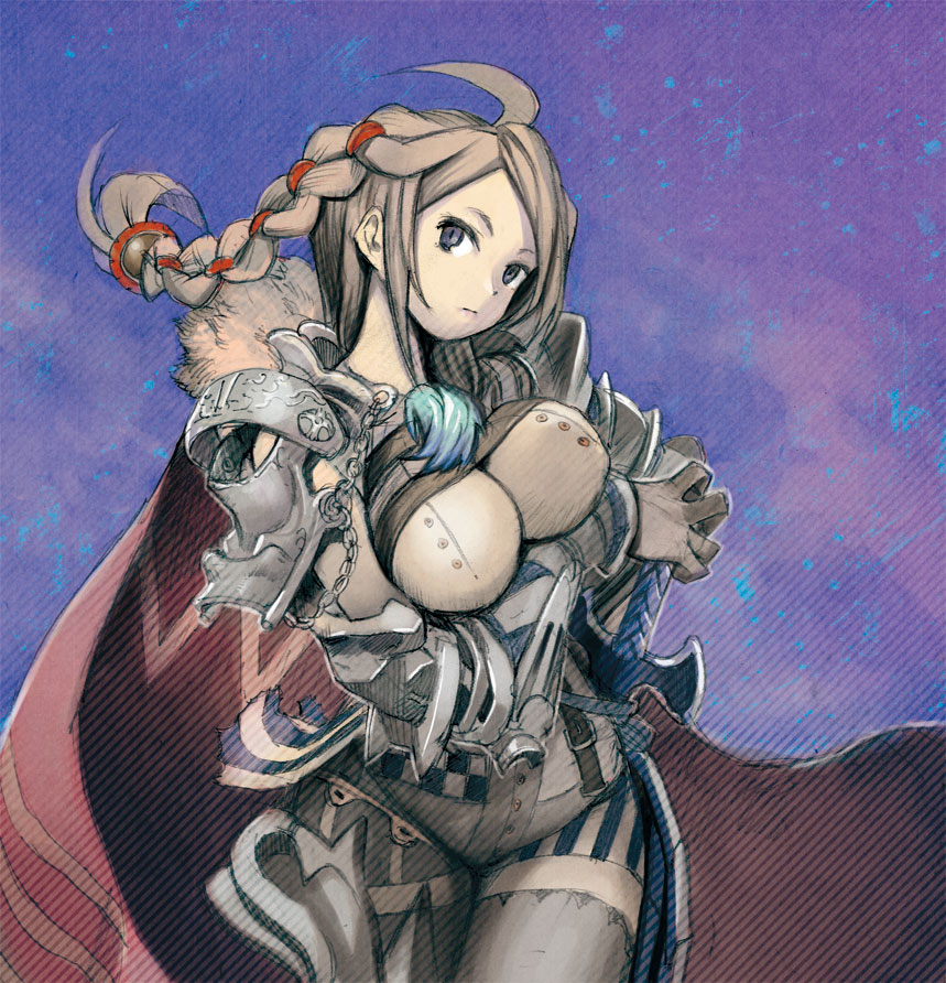 kodama yuuki, original, 1girl, armor, braid, breasts, brown hair, cape, chain, female focus, large breasts, long hair, pauldrons, shoulder armor, shoulder pads, skin tight, solo, sword, weapon