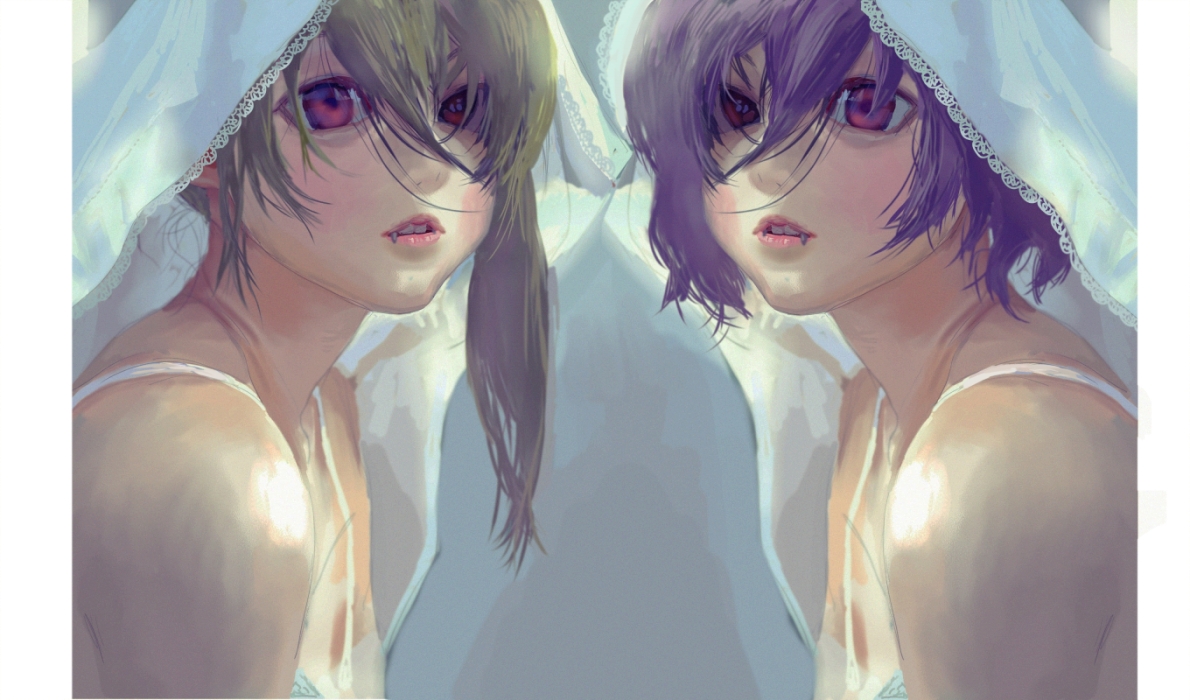 tomono rui, flandre scarlet, remilia scarlet, touhou, bad id, bad pixiv id, 2girls, blonde hair, blue hair, fang, fangs, female focus, lips, multiple girls, realistic, red eyes, short hair, siblings, side ponytail, sisters, vampire