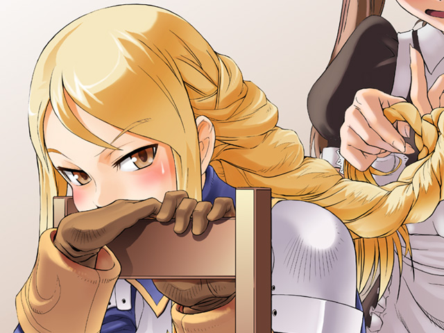 pierre norano, agrias oaks, final fantasy, final fantasy tactics, bad id, bad pixiv id, 2girls, armor, blonde hair, blush, braid, brown eyes, chair, gloves, hairdressing, multiple girls, sitting, sitting backwards, solo focus