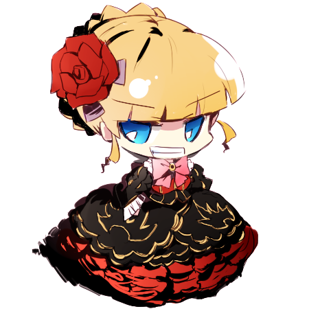 maromi (am97), beatrice (umineko), umineko no naku koro ni, bad id, bad pixiv id, lowres, 00s, 1girl, bow, chibi, female focus, grin, pink bow, smile, solo