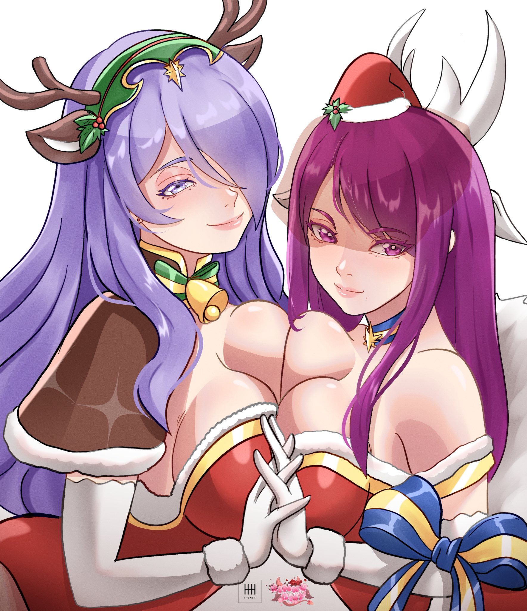 ihsnet, camilla (flurry embrace) (fire emblem), ivy (flurry embrace) (fire emblem), fire emblem, fire emblem engage, fire emblem fates, fire emblem heroes, nintendo, 2girls, antlers, breasts, christmas, cleavage, hair over one eye, large breasts, long hair, multiple girls, official alternate costume, purple eyes, purple hair, reindeer antlers