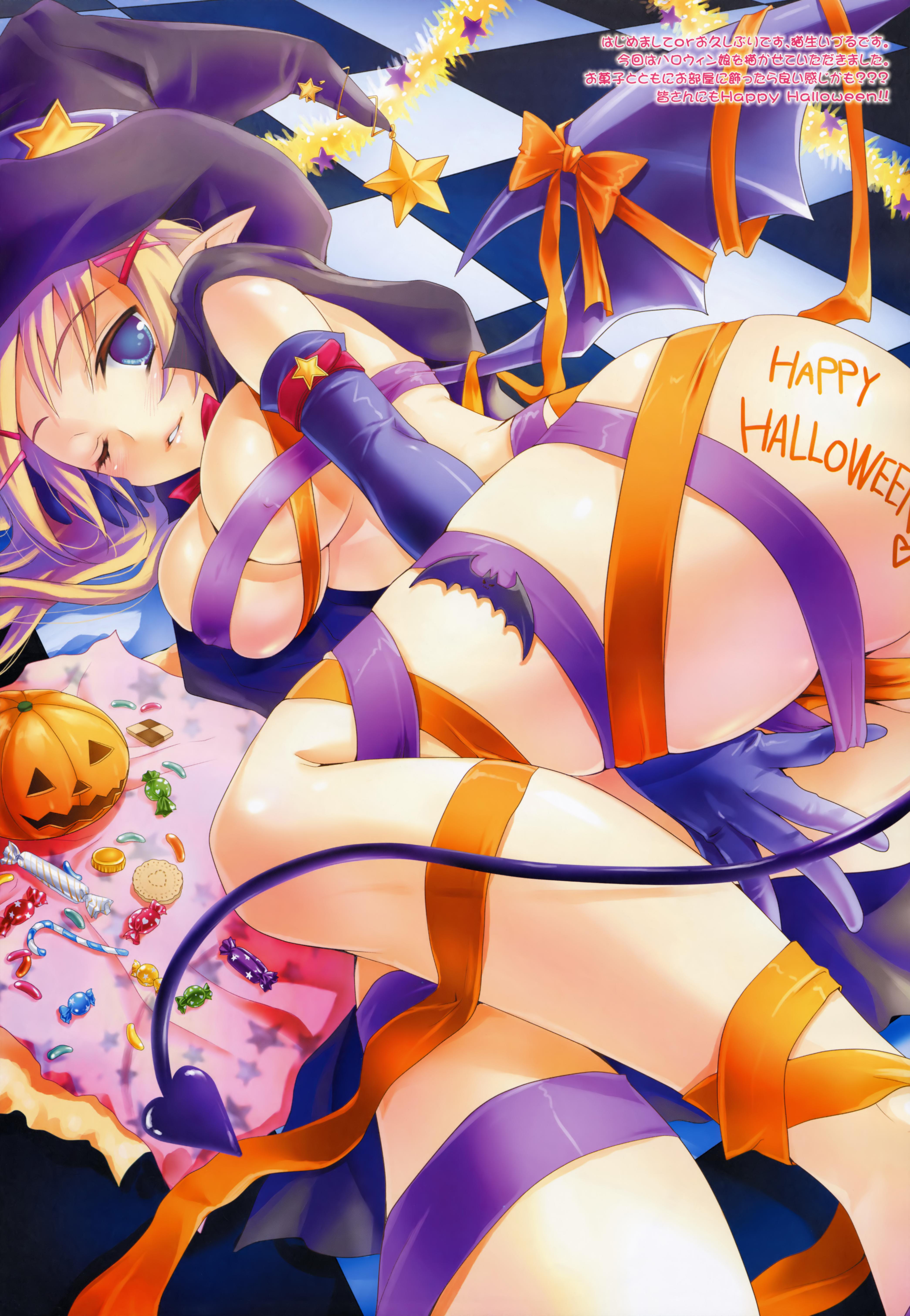 nekou izuru, absurdres, highres, 1girl, blonde hair, blue eyes, body writing, breasts, candy, candy cane, checkerboard cookie, cookie, elbow gloves, female focus, food, gloves, halloween, happy halloween, hat, jack-o'-lantern, jelly bean, large breasts, naked ribbon, one eye closed, pointy ears, pumpkin, ribbon, solo, tail, wings, wink, witch hat