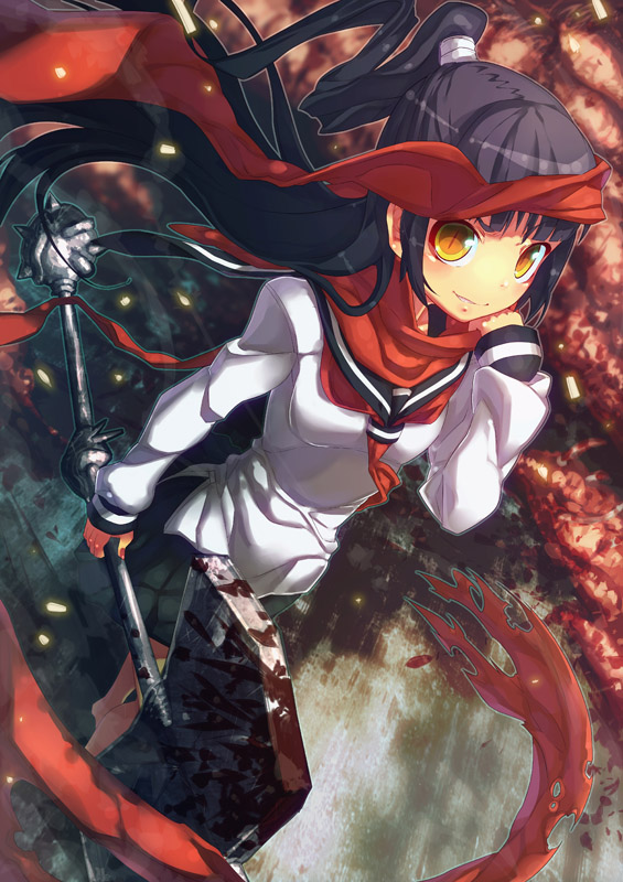 is ii, original, bad id, bad pixiv id, axe, black hair, blood, long hair, ponytail, school uniform, serafuku, solo, weapon, yellow eyes