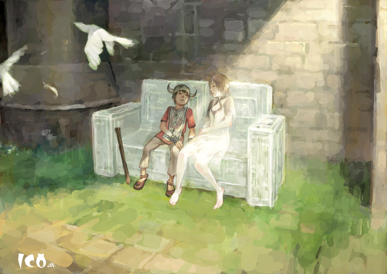 fcp, ico (character), yorda, ico, 1boy, 1girl, albino, barefoot, bird, copyright name, couch, dress, horns, short hair, sitting, sleeping, sunlight, surcoat, tabard