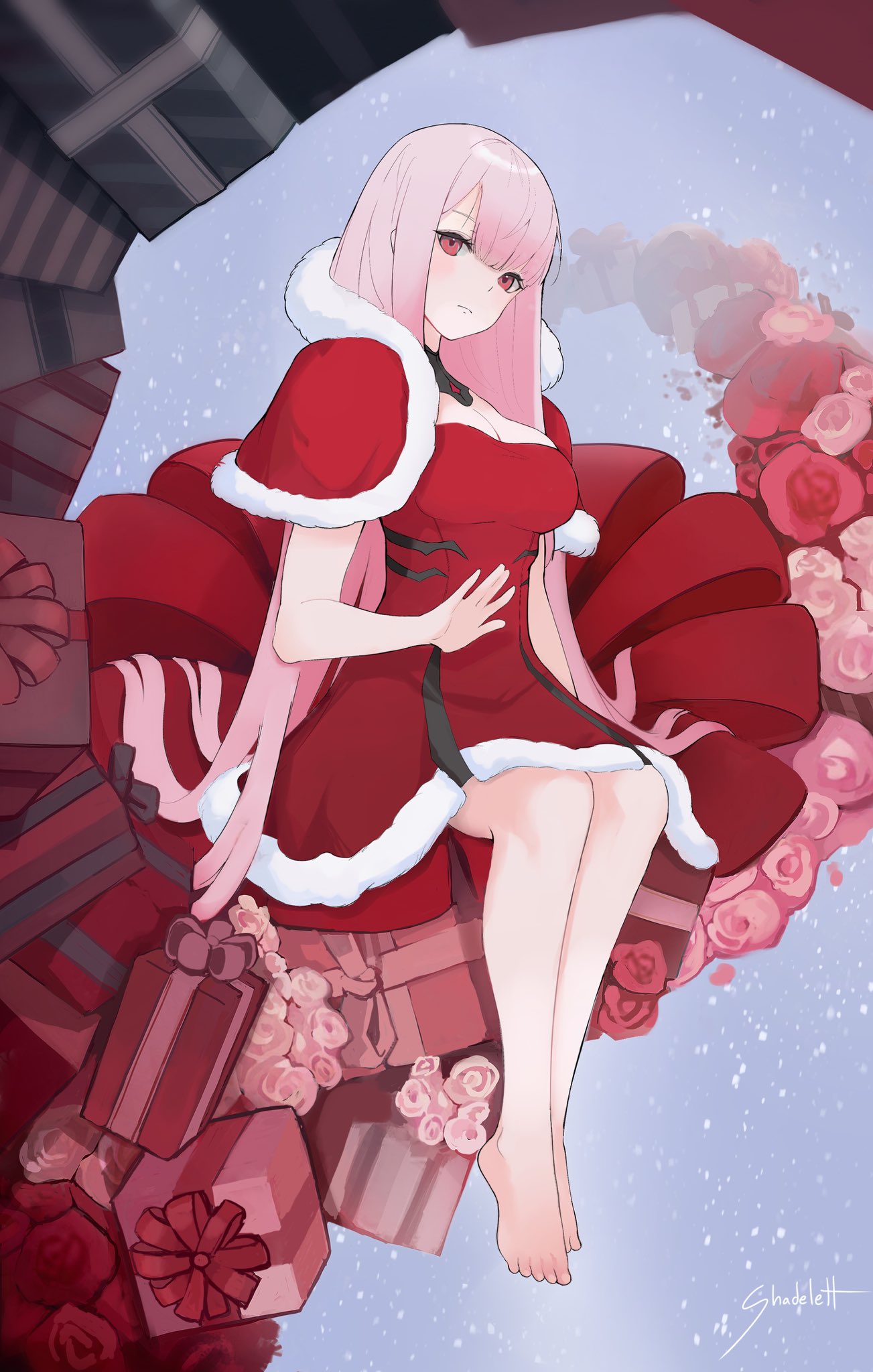 mori calliope, hololive, hololive english, highres, 1girl, barefoot, breasts, capelet, christmas, cleavage, dress, full body, large breasts, pink eyes, pink hair, red capelet, red dress, santa costume, santa dress, shadelett, sitting, solo, strapless, strapless dress, virtual youtuber