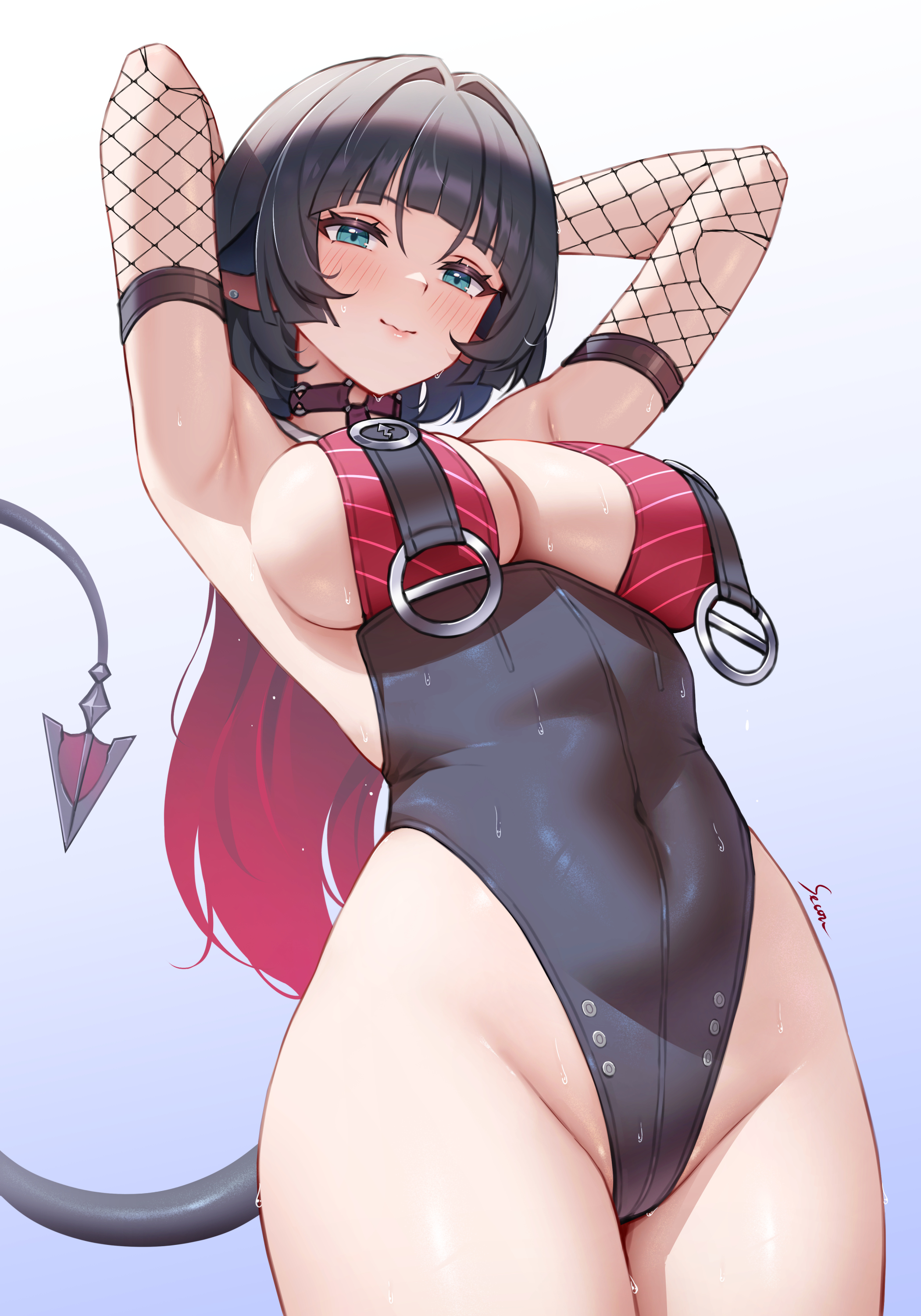 secon, jane doe (nocturne of light) (zenless zone zero), jane doe (zenless zone zero), zenless zone zero, absurdres, highres, 1girl, animal ears, armpit crease, armpits, bare shoulders, black hair, black one-piece swimsuit, breasts, fishnet sleeves, fishnets, large breasts, long hair, mouse ears, mouse girl, mouse tail, multicolored hair, o-ring, official alternate costume, one-piece swimsuit, red hair, red one-piece swimsuit, swimsuit, tail